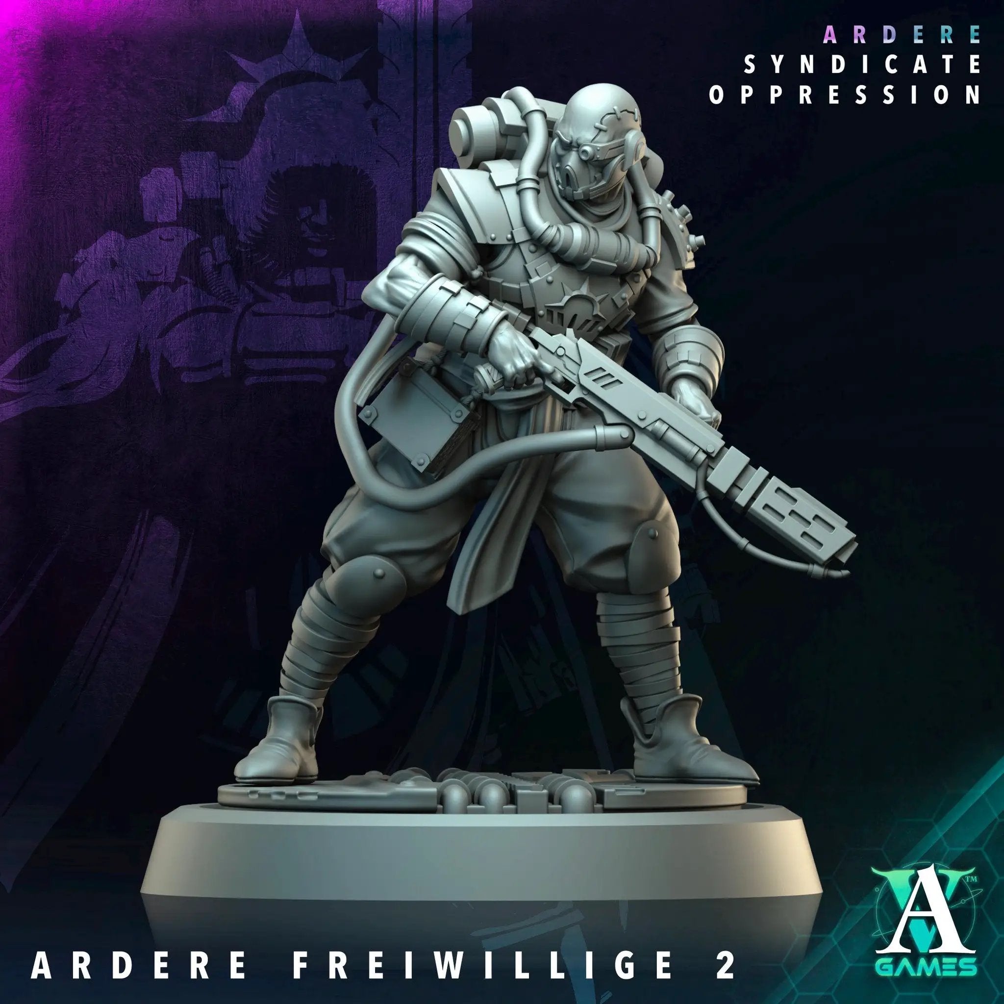 3D printed Ardere Freiwillige miniature by Last Hope Miniatures, detailed sculpt featuring armor and weaponry from Archvillain Games.