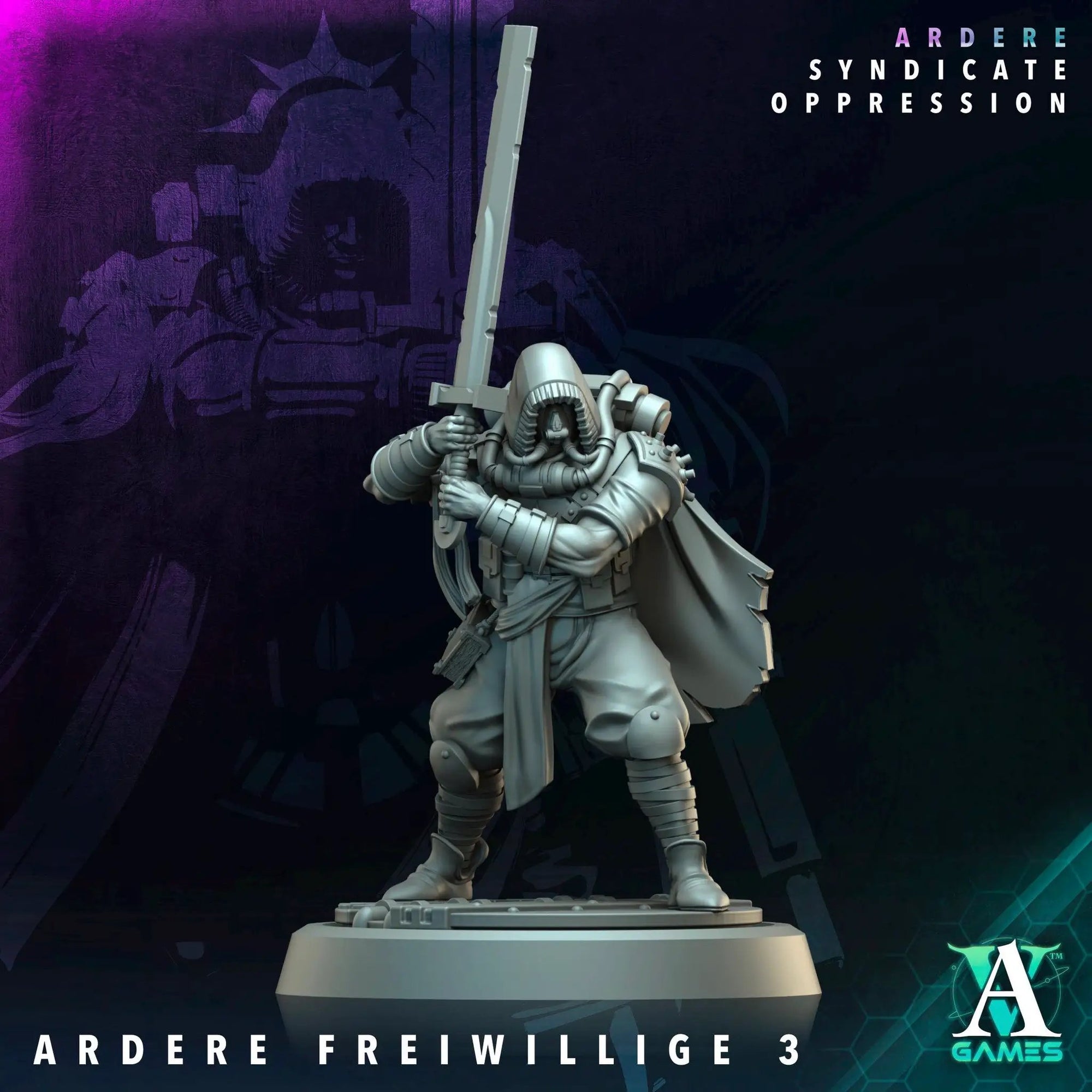 3D printed Ardere Freiwillige miniature by Last Hope Miniatures for Archvillain Games, showing detailed soldier figure with armor and weapon.