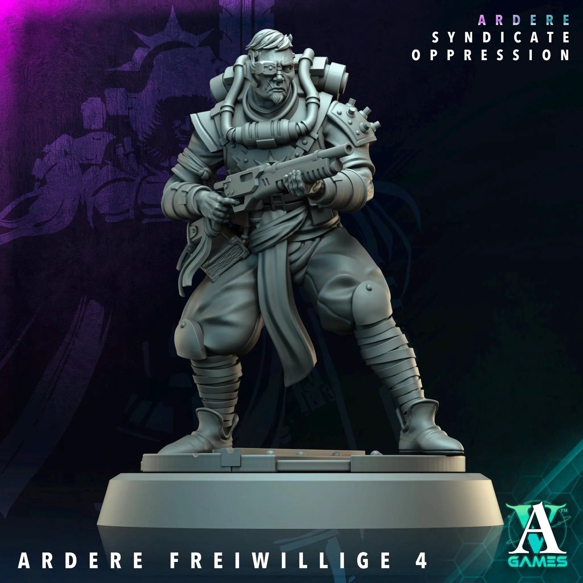 3D printed Ardere Freiwillige miniature by Last Hope Miniatures for Archvillain Games, showing detailed infantry figure with armor and weapon.