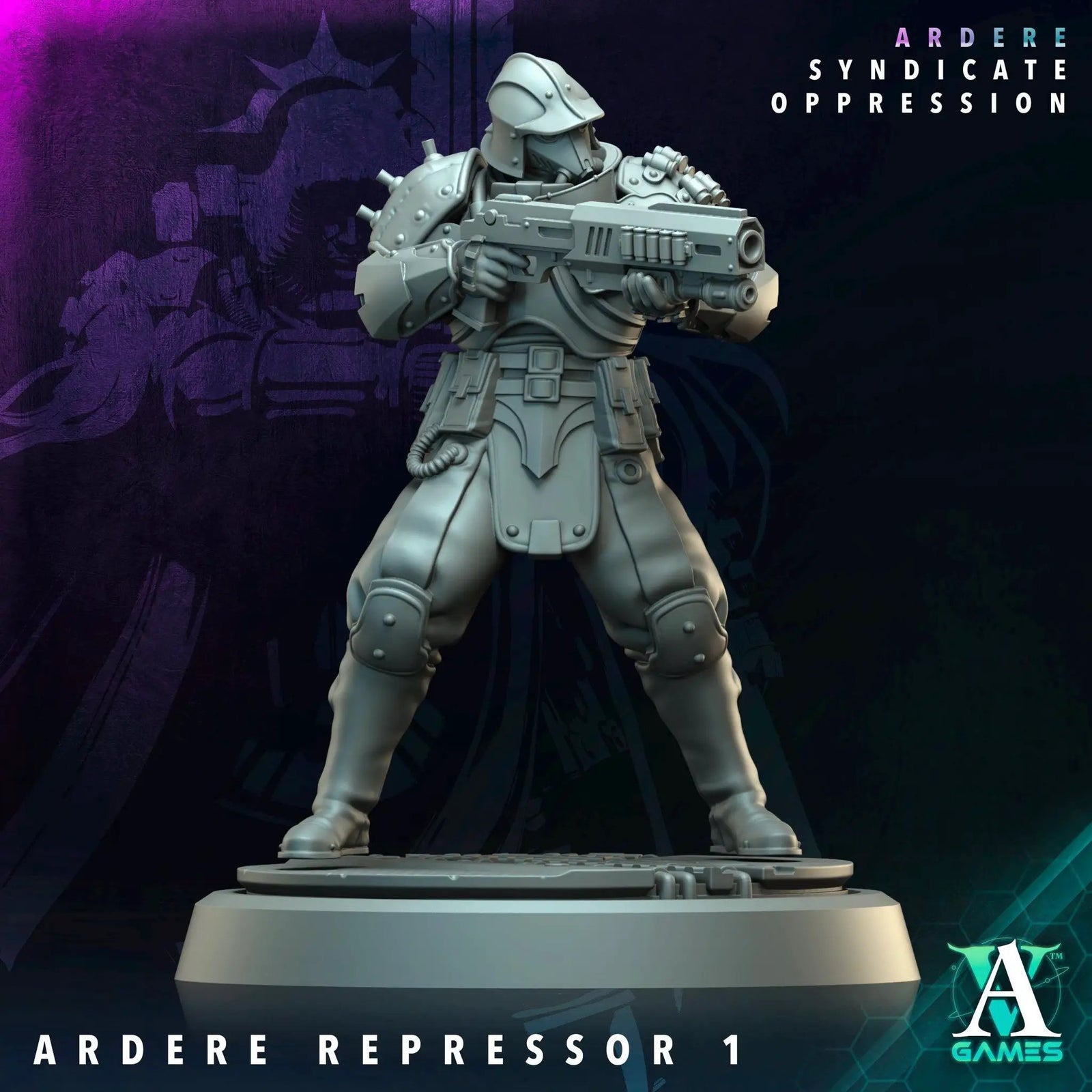 3D printed Ardere Repressors miniature by Last Hope Miniatures for Archvillain Games, showing detailed model with vibrant colors.
