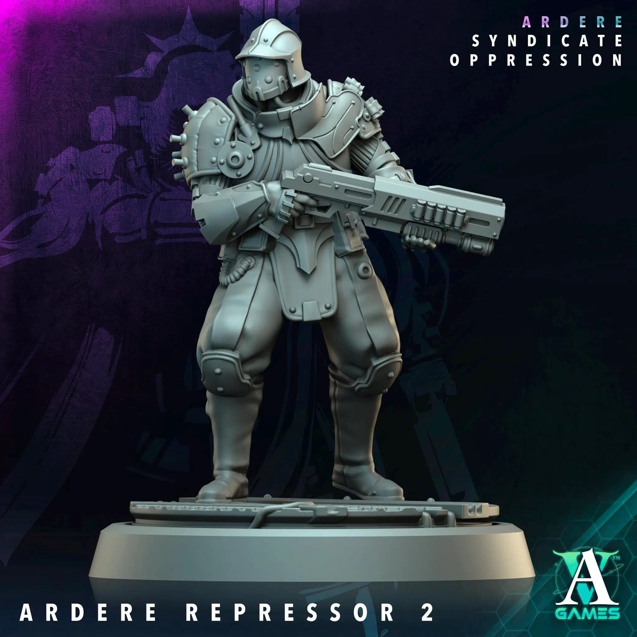 3D printed Ardere Repressors miniatures by Last Hope Miniatures for Archvillain Games, showing detailed sci-fi armor and weaponry.