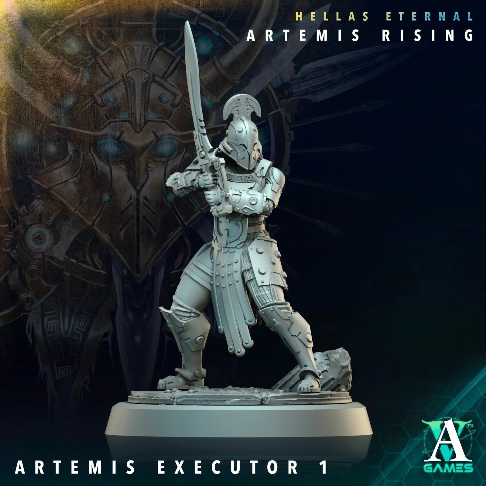 3D printed Artemis Executor miniature by Last Hope Miniatures for Archvillain Games, detailed sci-fi character model on a display base.