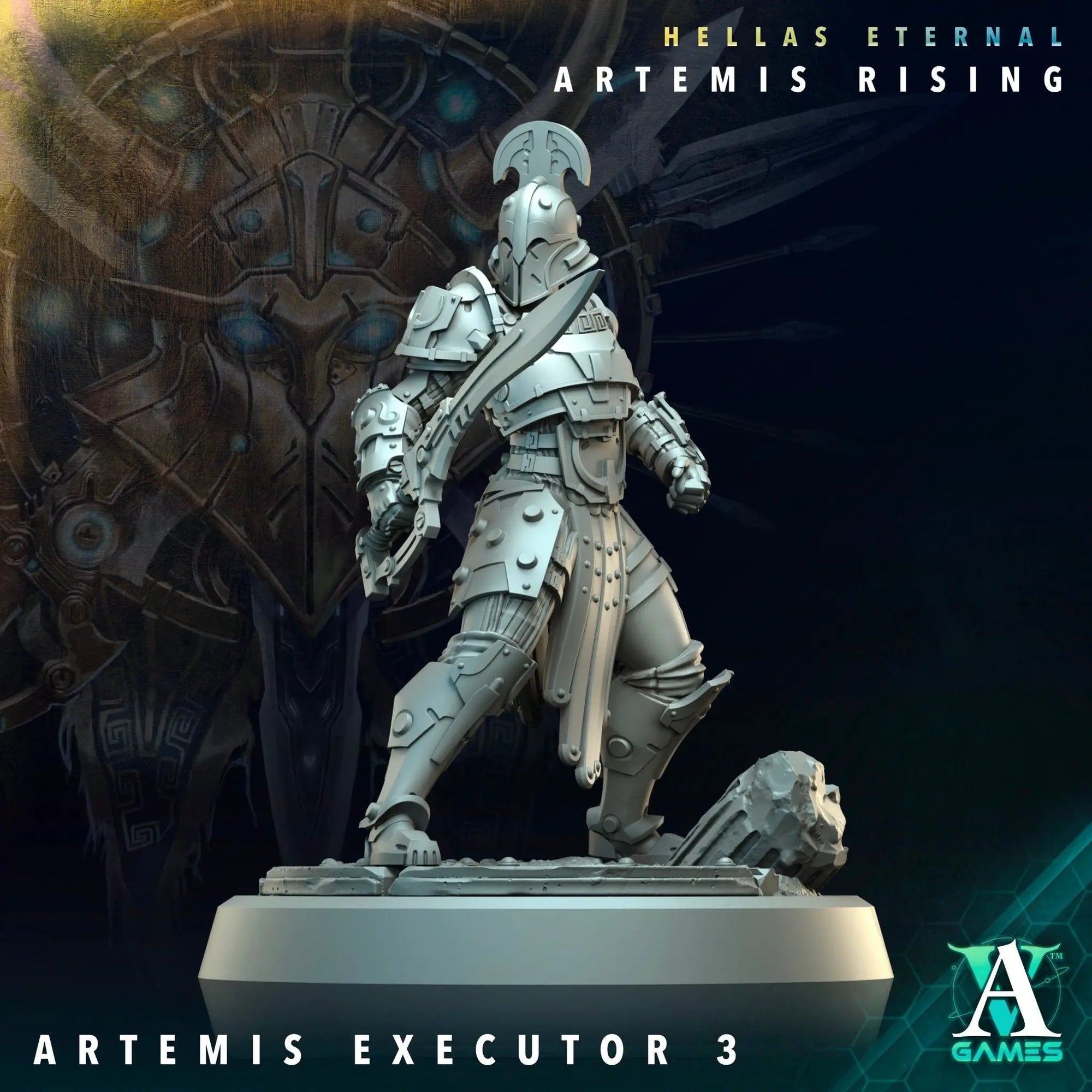 3D printed Artemis Executor miniature by Last Hope Miniatures for Archvillain Games, detailed sci-fi character with armor and weaponry.