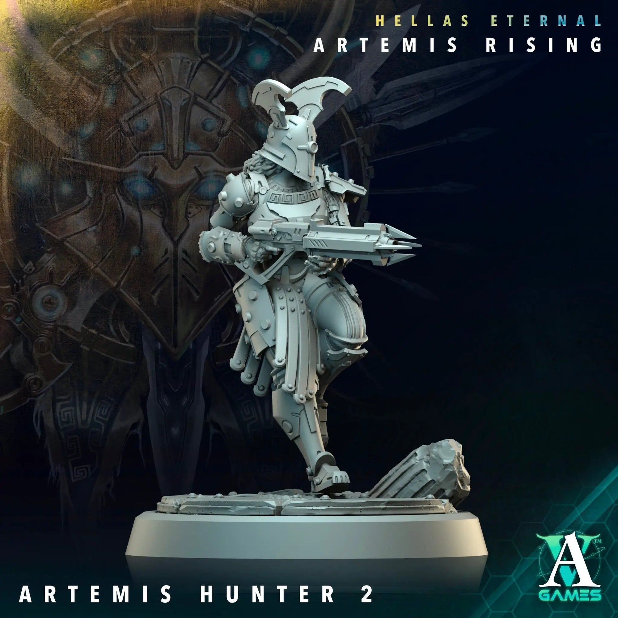 3D printed Artemis Hunter miniature by Last Hope Miniatures for Archvillain Games, featuring detailed fantasy character design.