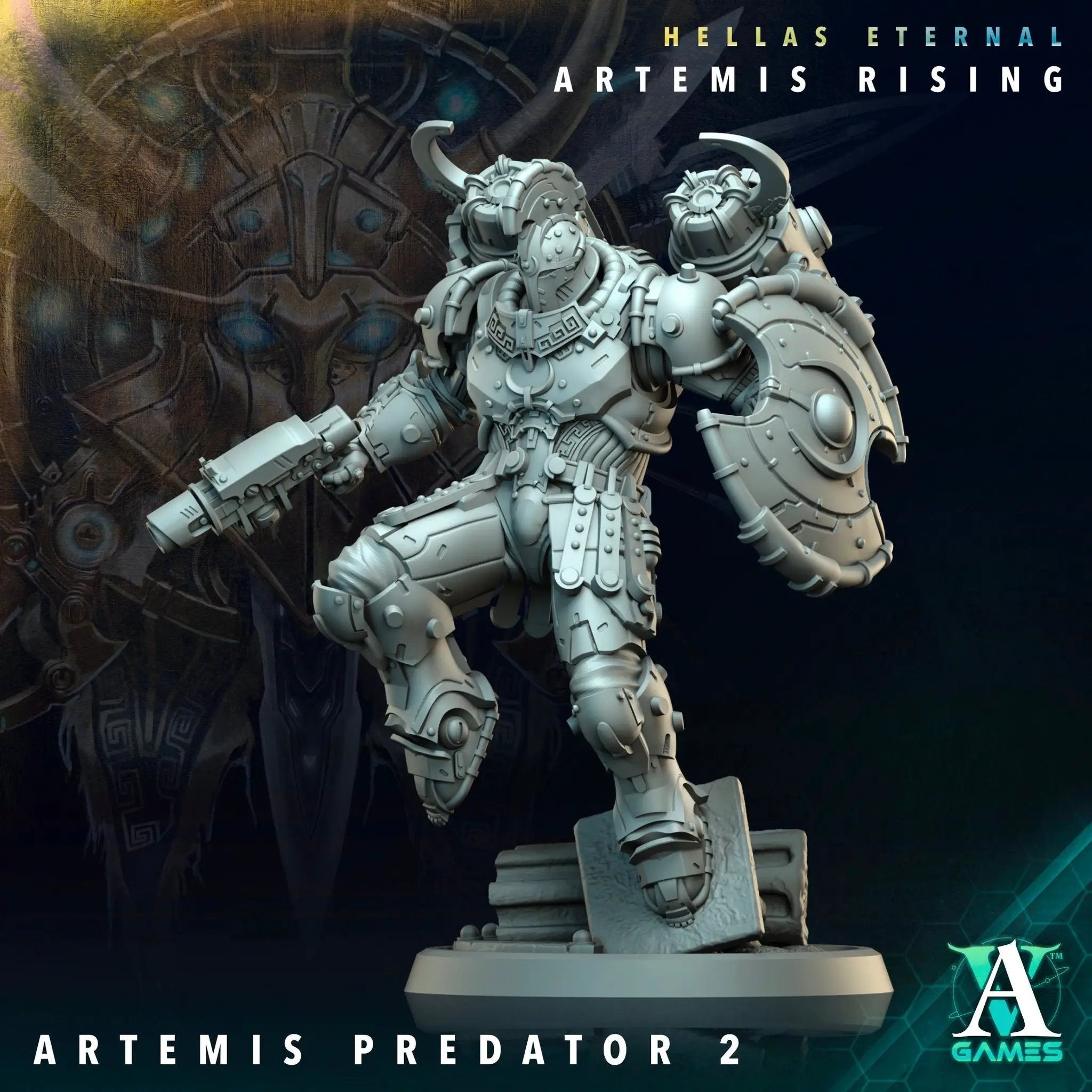 3D printed Artemis Predator miniature by Last Hope Miniatures for Archvillain Games, detailed sci-fi character on a stand.