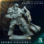 3D printed Artemis Vigilator miniature by Last Hope Miniatures for Archvillain Games, shown in detailed close-up.