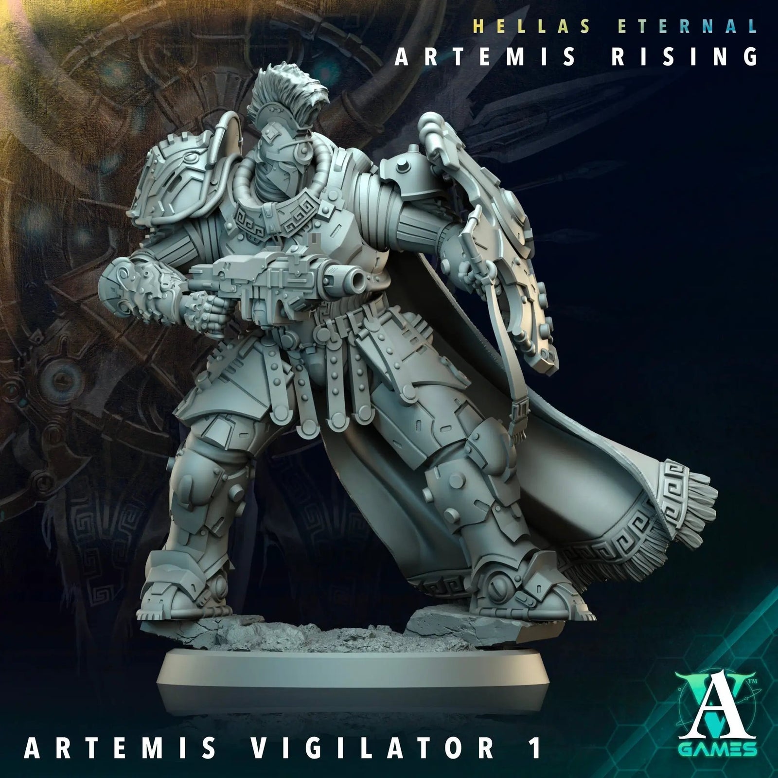 3D printed Artemis Vigilator miniature by Last Hope Miniatures for Archvillain Games, shown in detailed close-up.