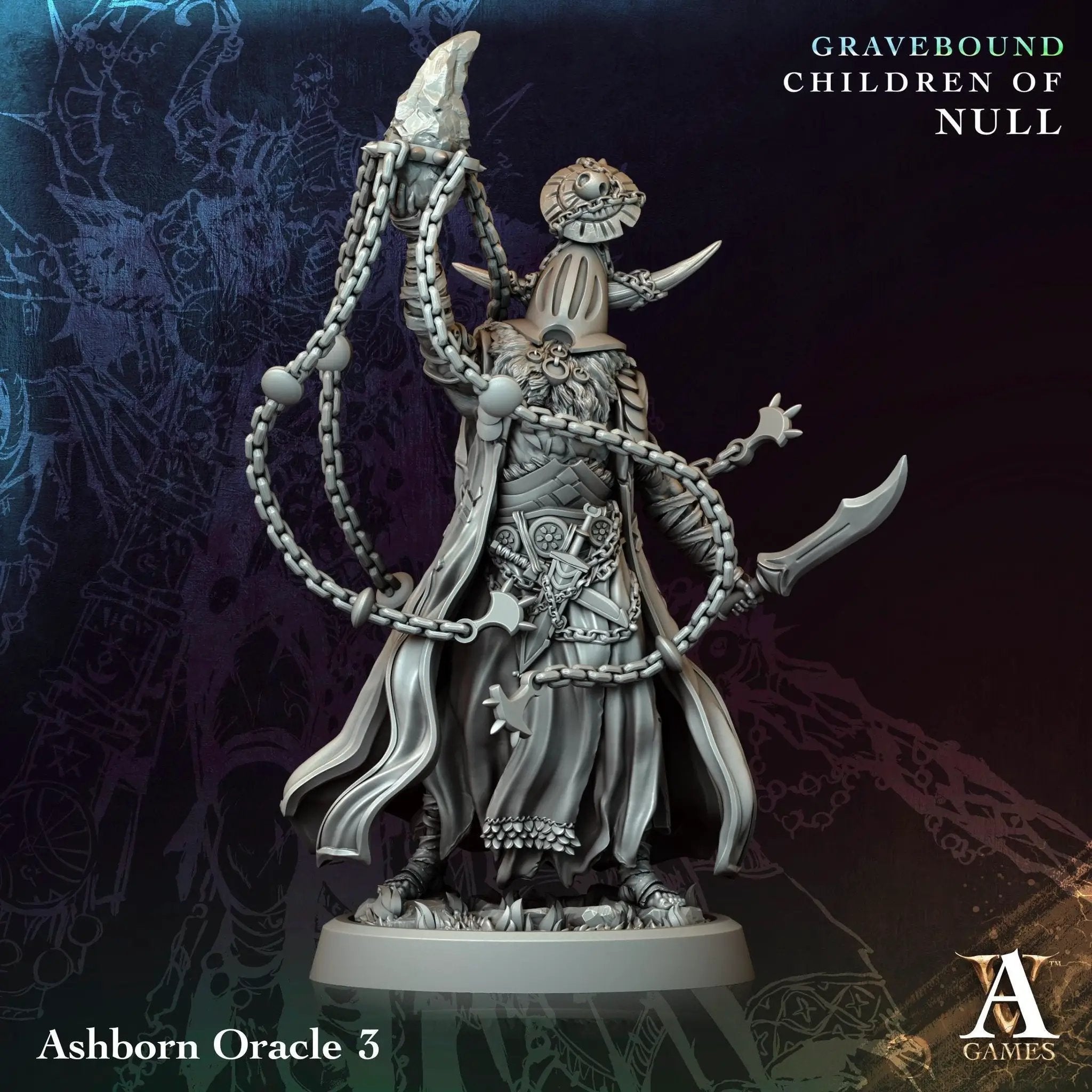 3D printed Ashborn Oracles miniature by Last Hope Miniatures for Archvillain Games, detailed figure with intricate design.