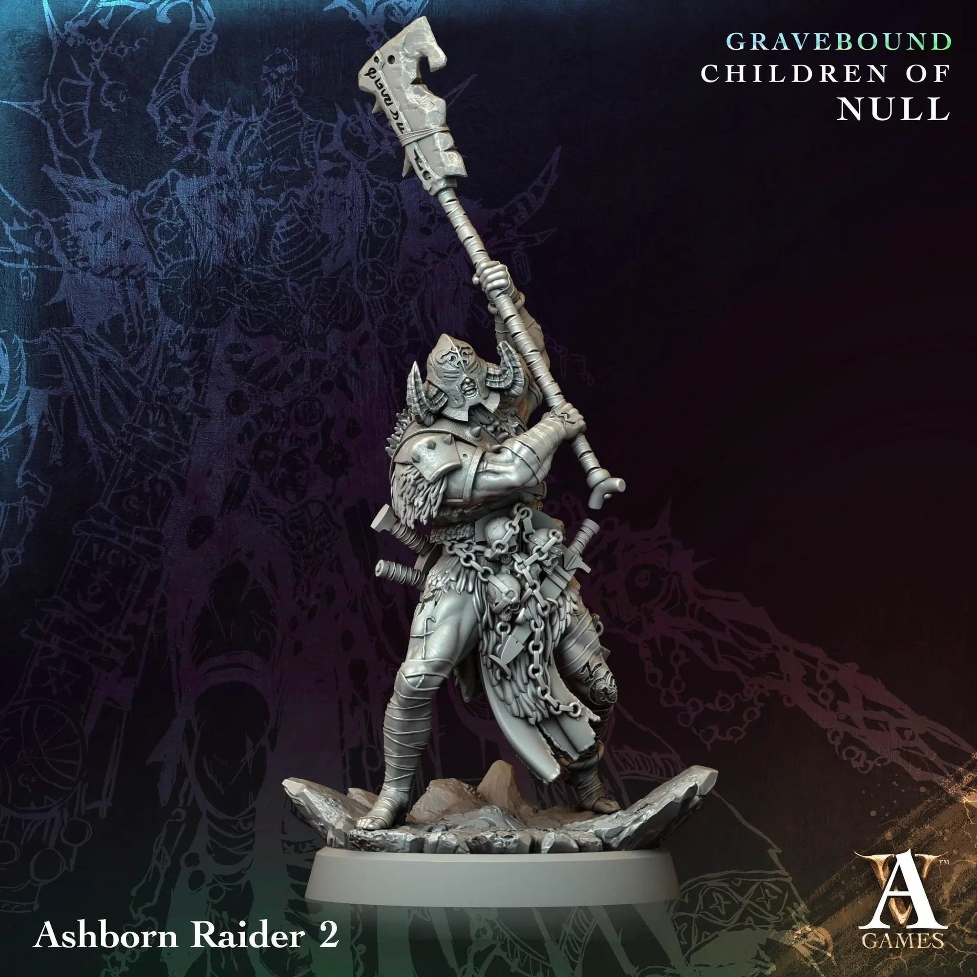 3D printed Ashborn Raiders miniature by Last Hope Miniatures for Archvillain Games, detailed fantasy gaming figure.