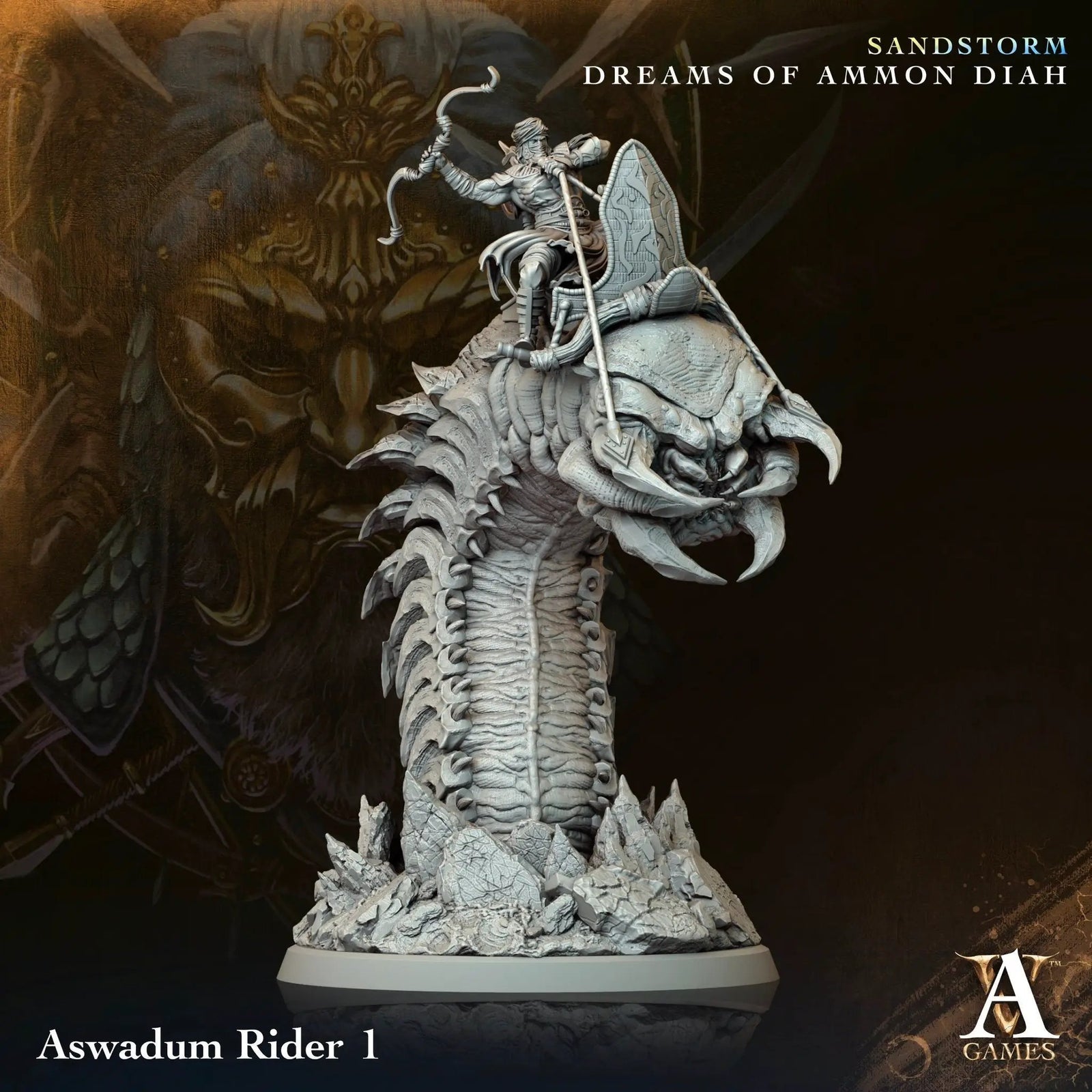 3D printed Aswadum Rider miniature by Last Hope Miniatures from Archvillain Games, showing detailed warrior figure with armor and weapon.