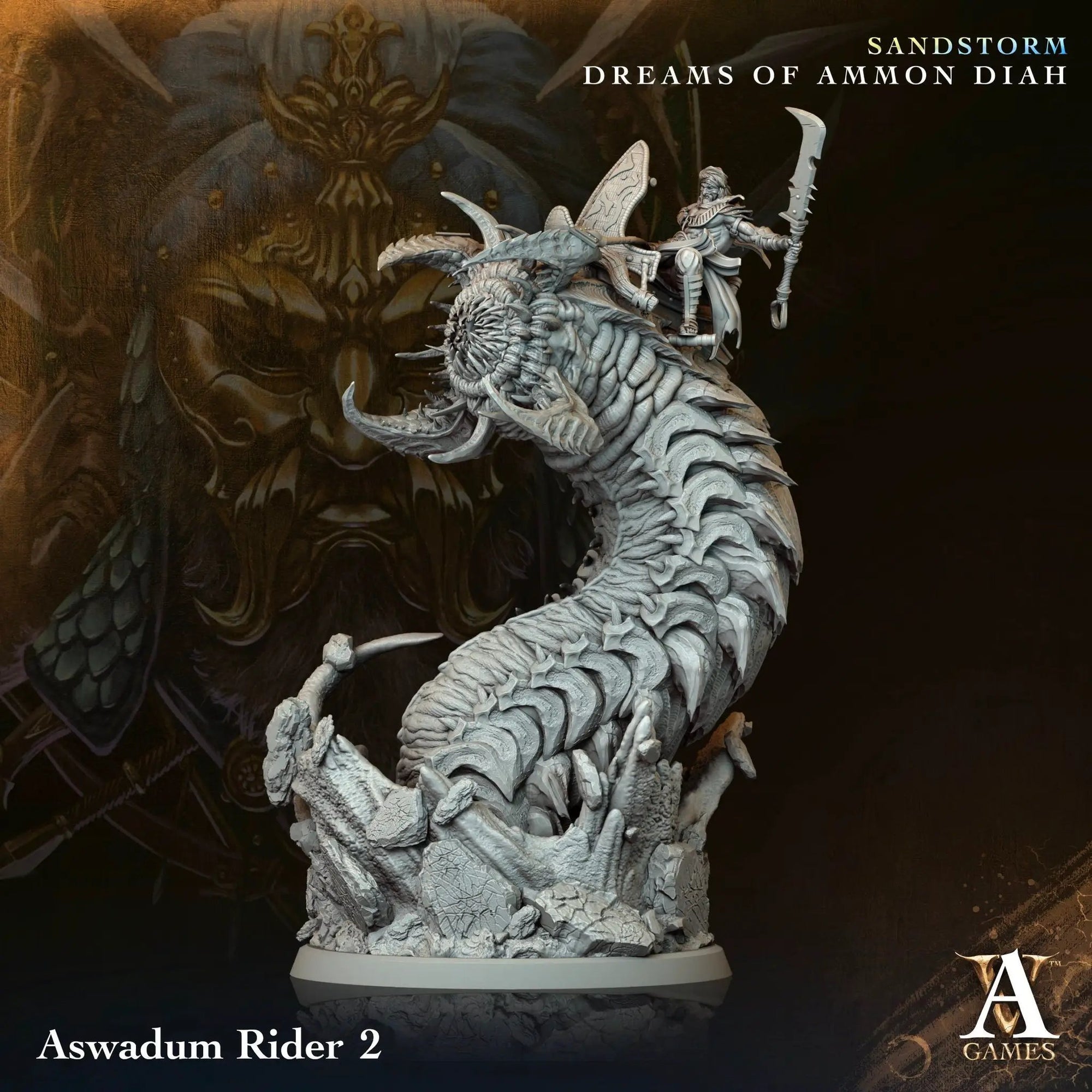 3D printed Aswadum Rider miniature by Last Hope Miniatures for Archvillain Games, detailed fantasy figure in dynamic pose.