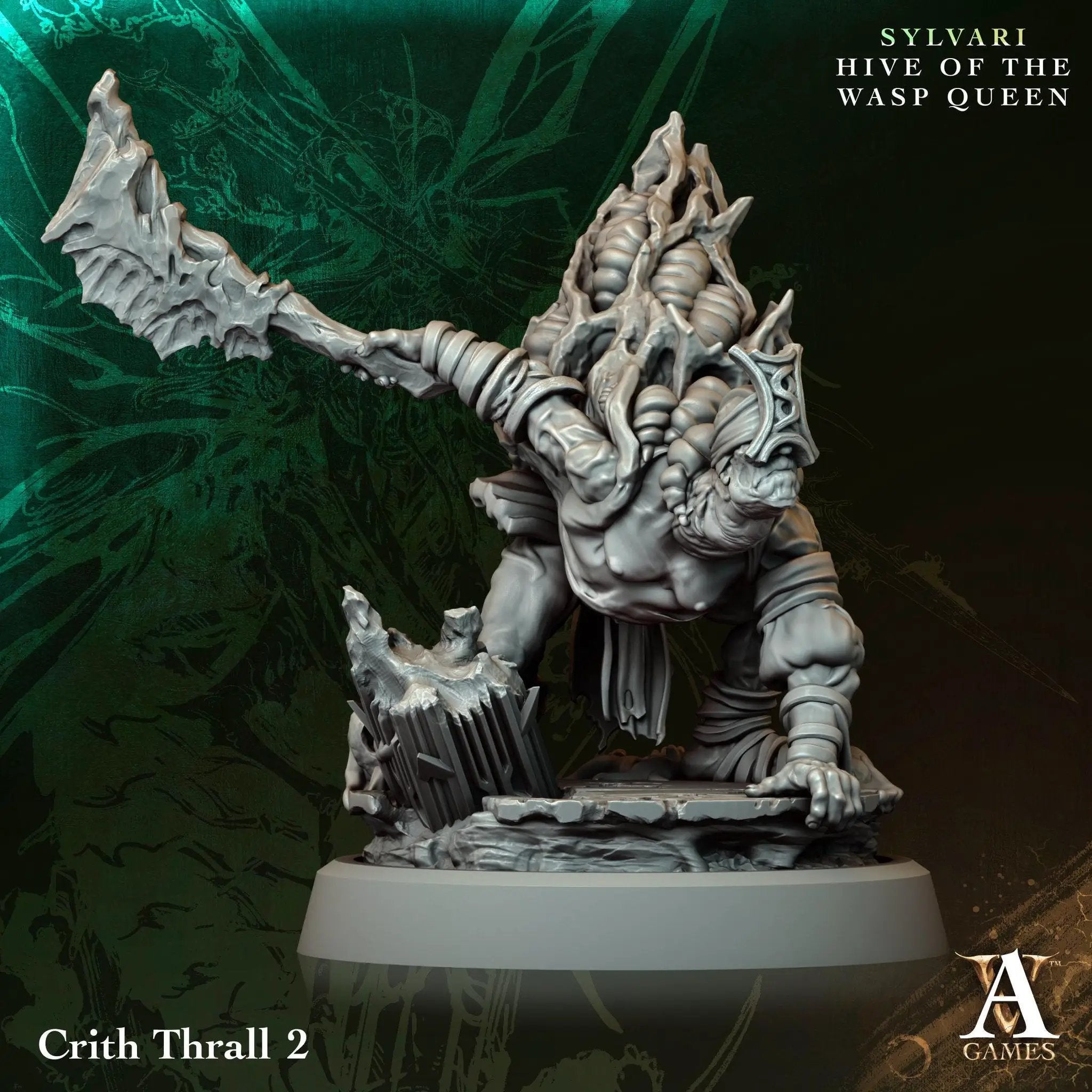 3D printed Crith Thrall miniature by Last Hope Miniatures for Archvillain Games, showcasing detailed sculpt with intricate armor and weapon.