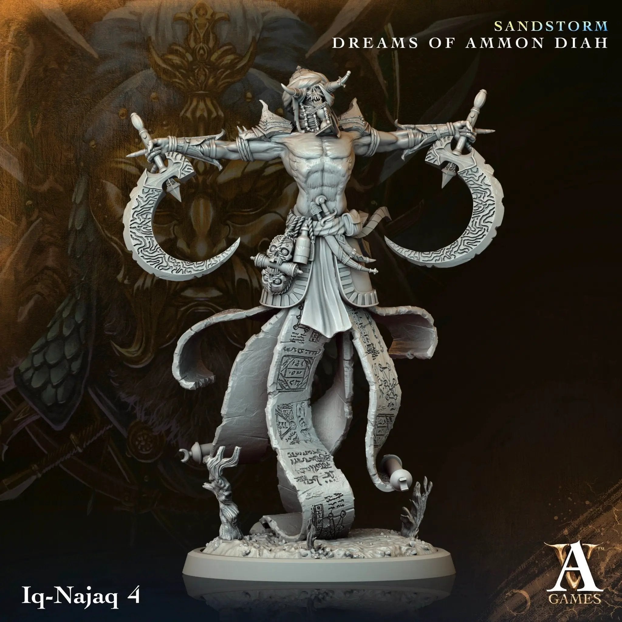3D printed Iq-Najaq miniature by Last Hope Miniatures for Archvillain Games, showing detailed sculpt with intricate design.