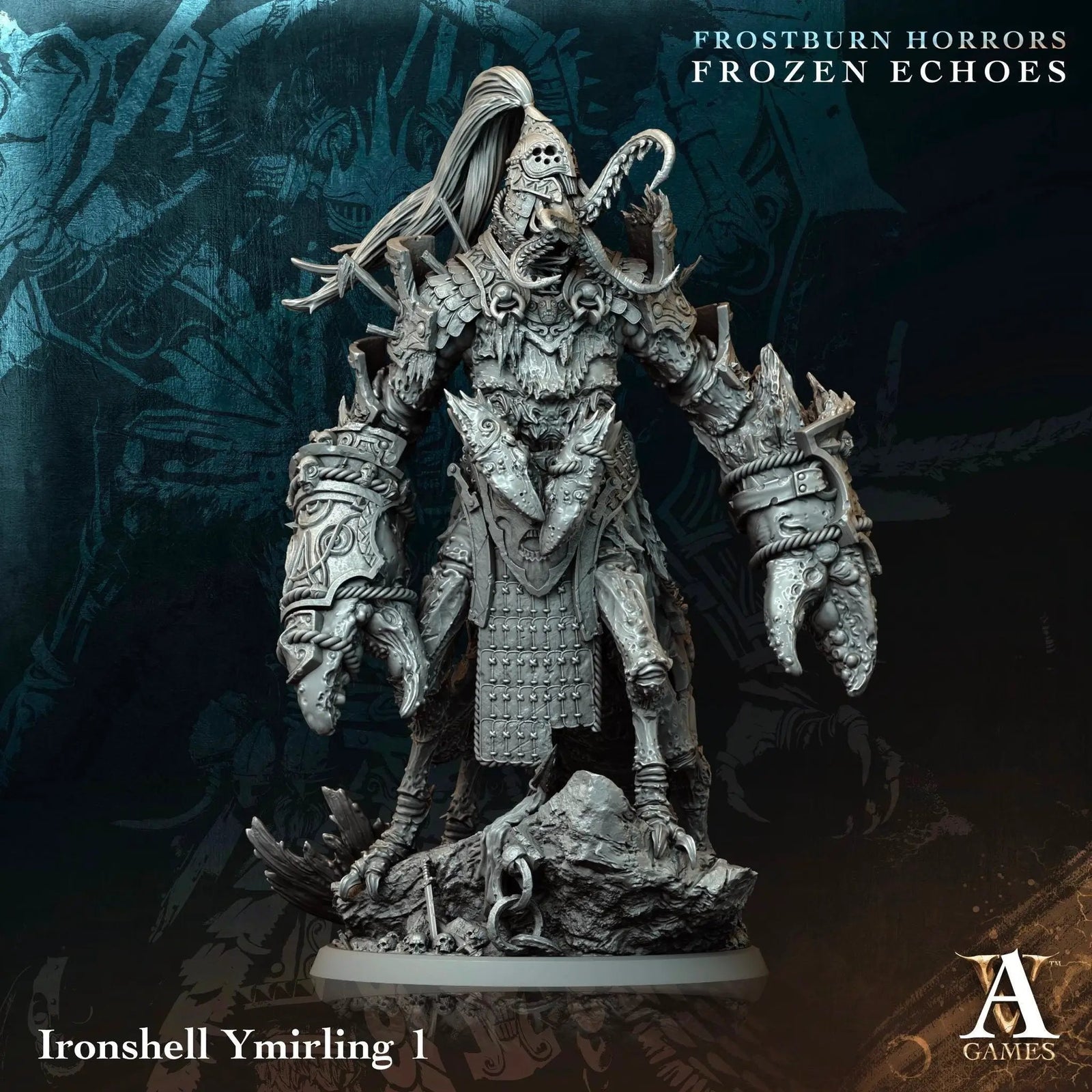 3D printed Ironshell Ymirling miniature by Last Hope Miniatures for Archvillain Games, detailed sculpt with intricate armor design.