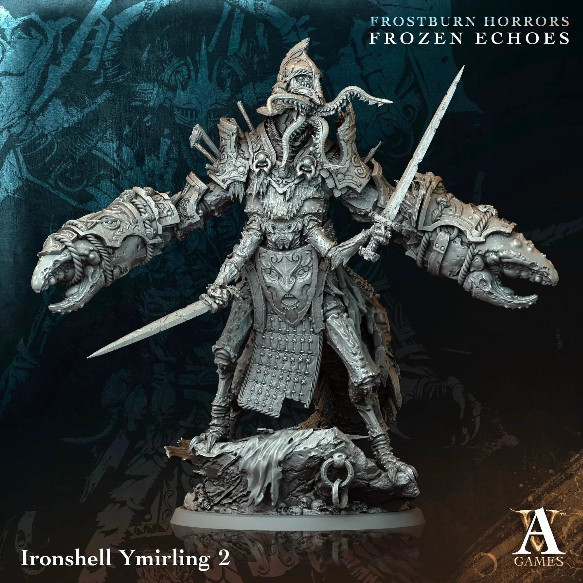 3D printed Ironshell Ymirling miniature by Last Hope Miniatures, featuring detailed armor and intricate design from Archvillain Games.