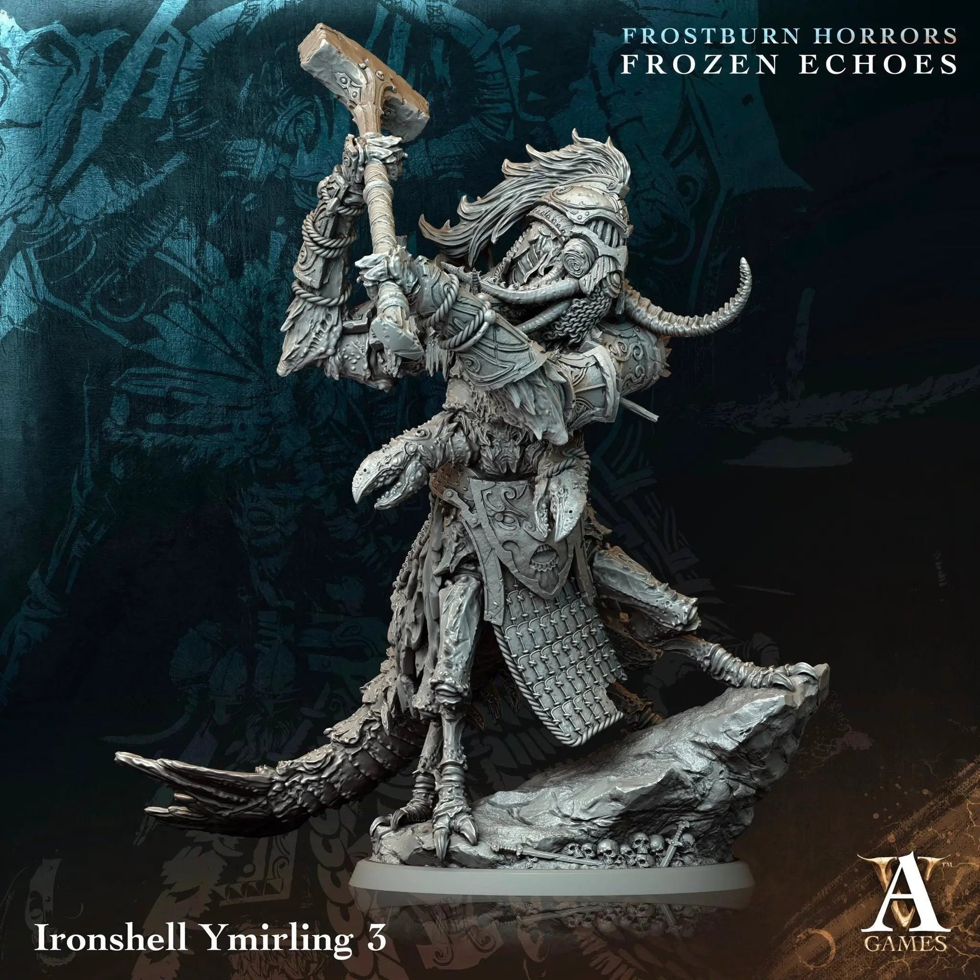 3D printed Ironshell Ymirling miniature by Last Hope Miniatures, detailed iron shell design from Archvillain Games.