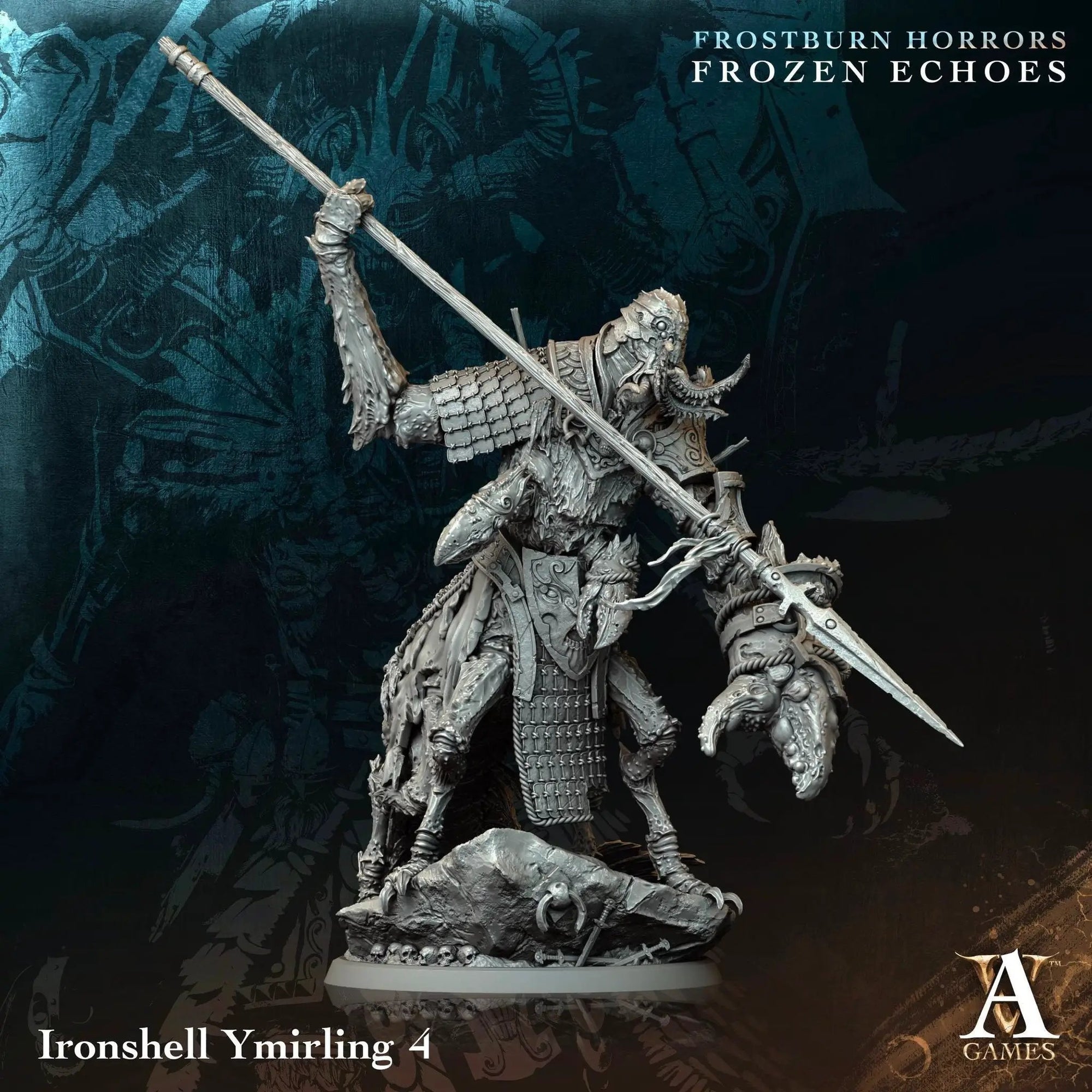 3D printed Ironshell Ymirling miniature by Last Hope Miniatures for Archvillain Games, showing detailed armored creature with shell and claws.