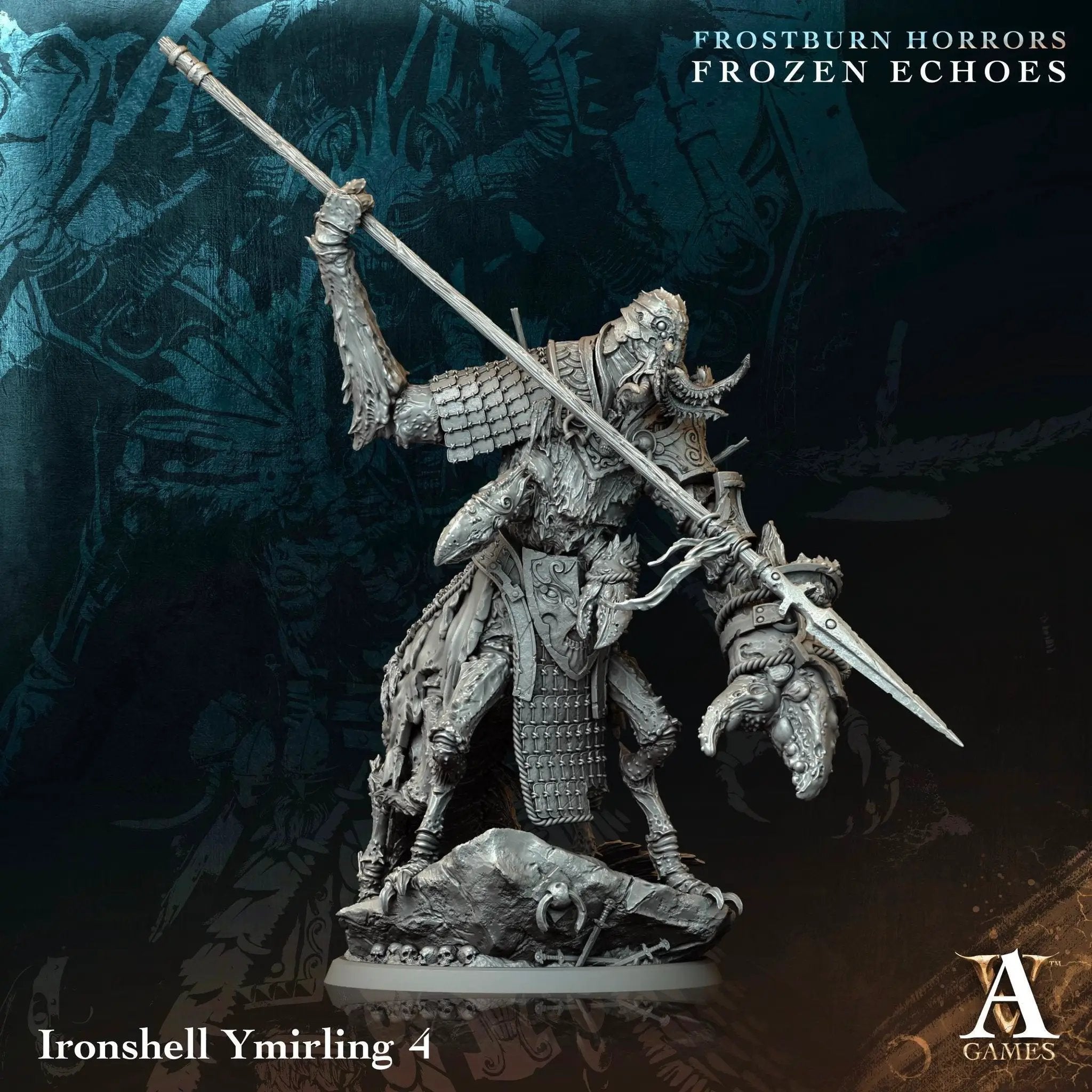 3D printed Ironshell Ymirling miniature by Last Hope Miniatures for Archvillain Games, showing detailed armored creature with shell and claws.