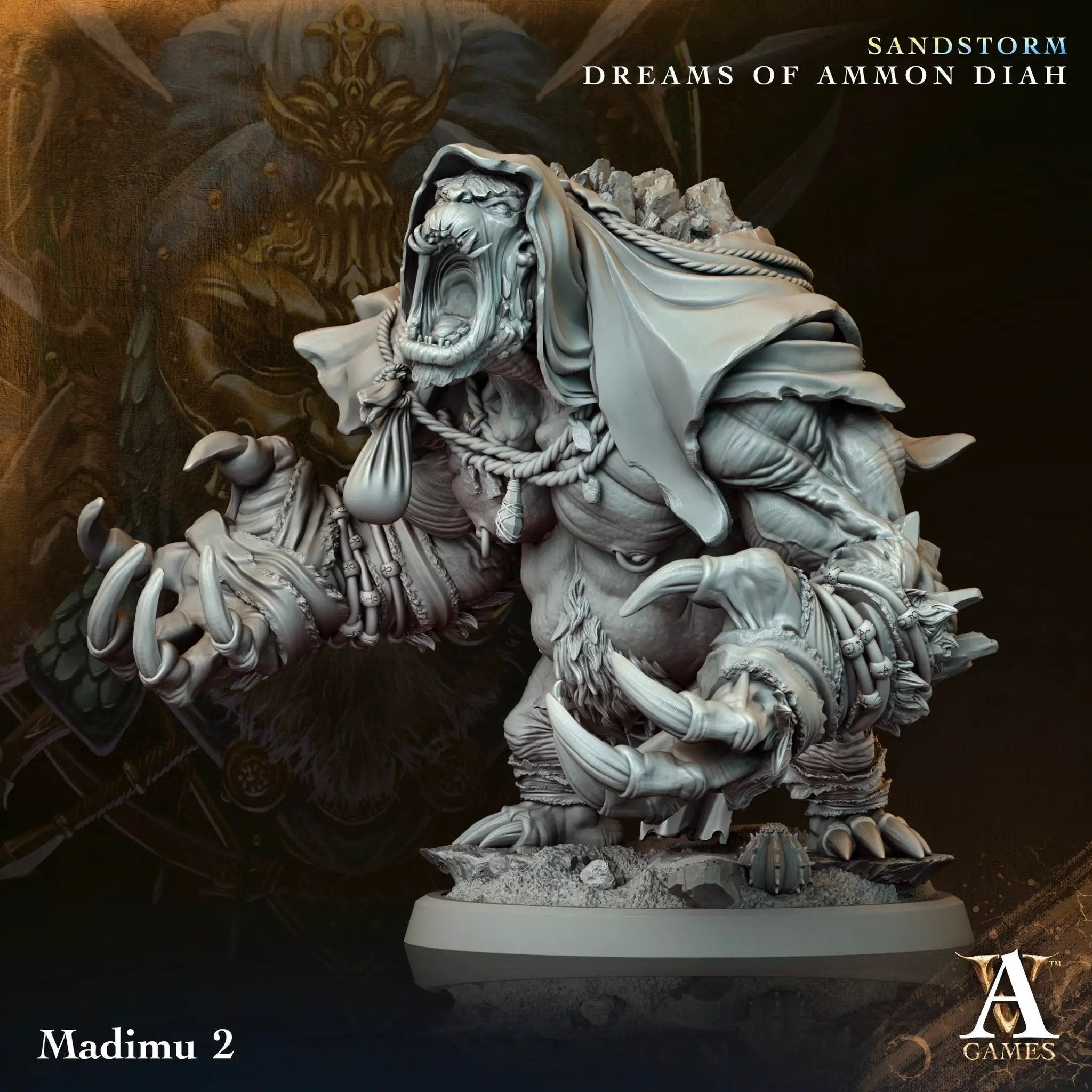 3D printed Madimu miniature by Last Hope Miniatures, detailed fantasy character from Archvillain Games on a white background.