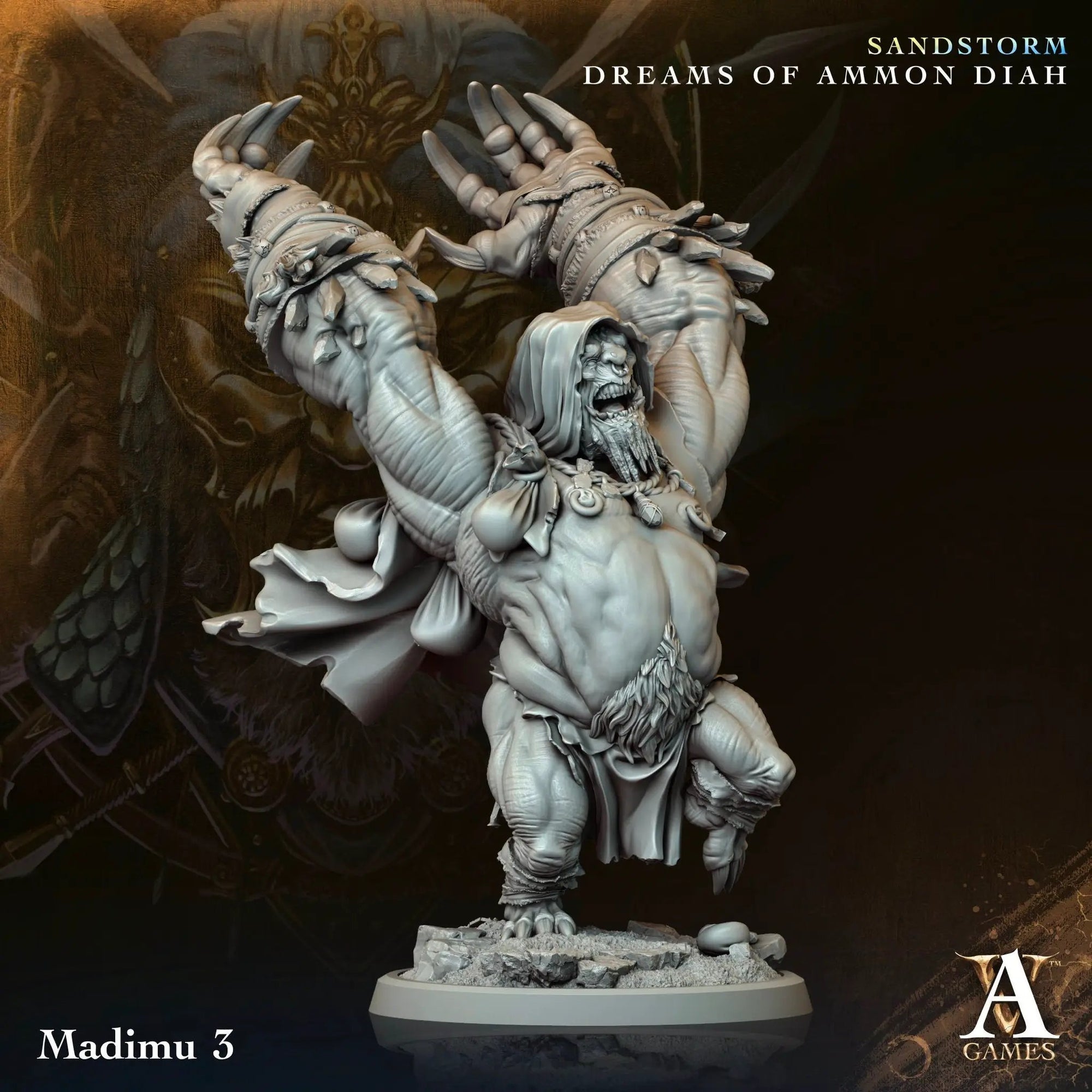 3D printed Madimu miniature by Last Hope Miniatures for Archvillain Games, featuring detailed design and intricate textures.