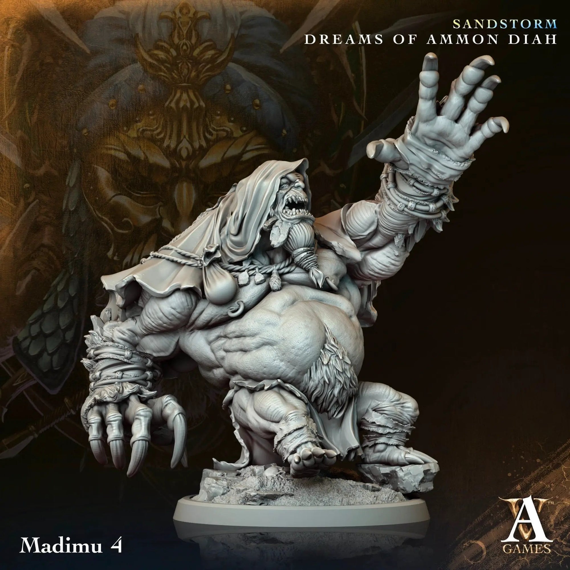 3D printed Madimu miniature by Last Hope Miniatures for Archvillain Games, detailed figure on a textured base.