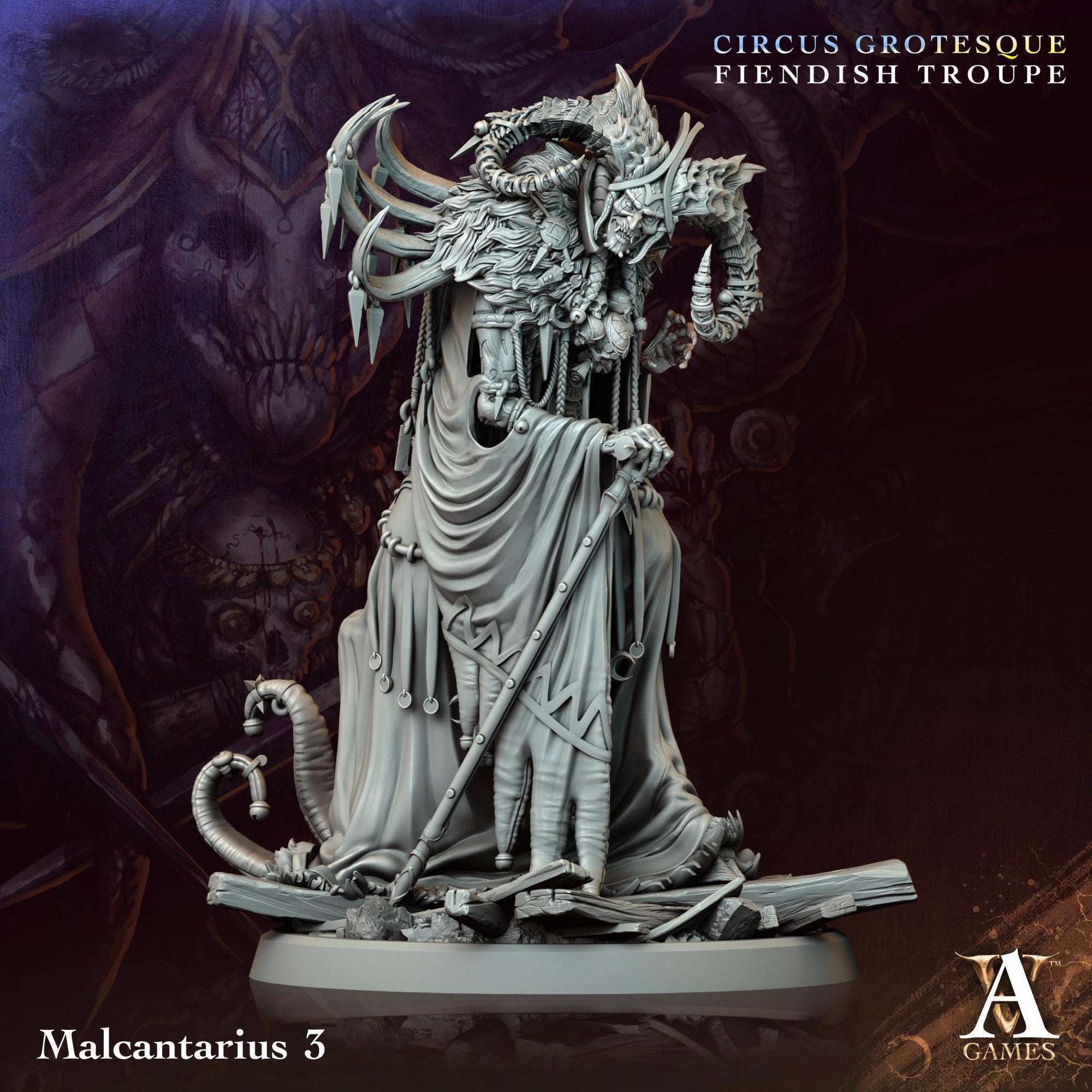 3D printed Malcantarius miniature by Last Hope Miniatures for Archvillain Games, showing detailed design and intricate textures.