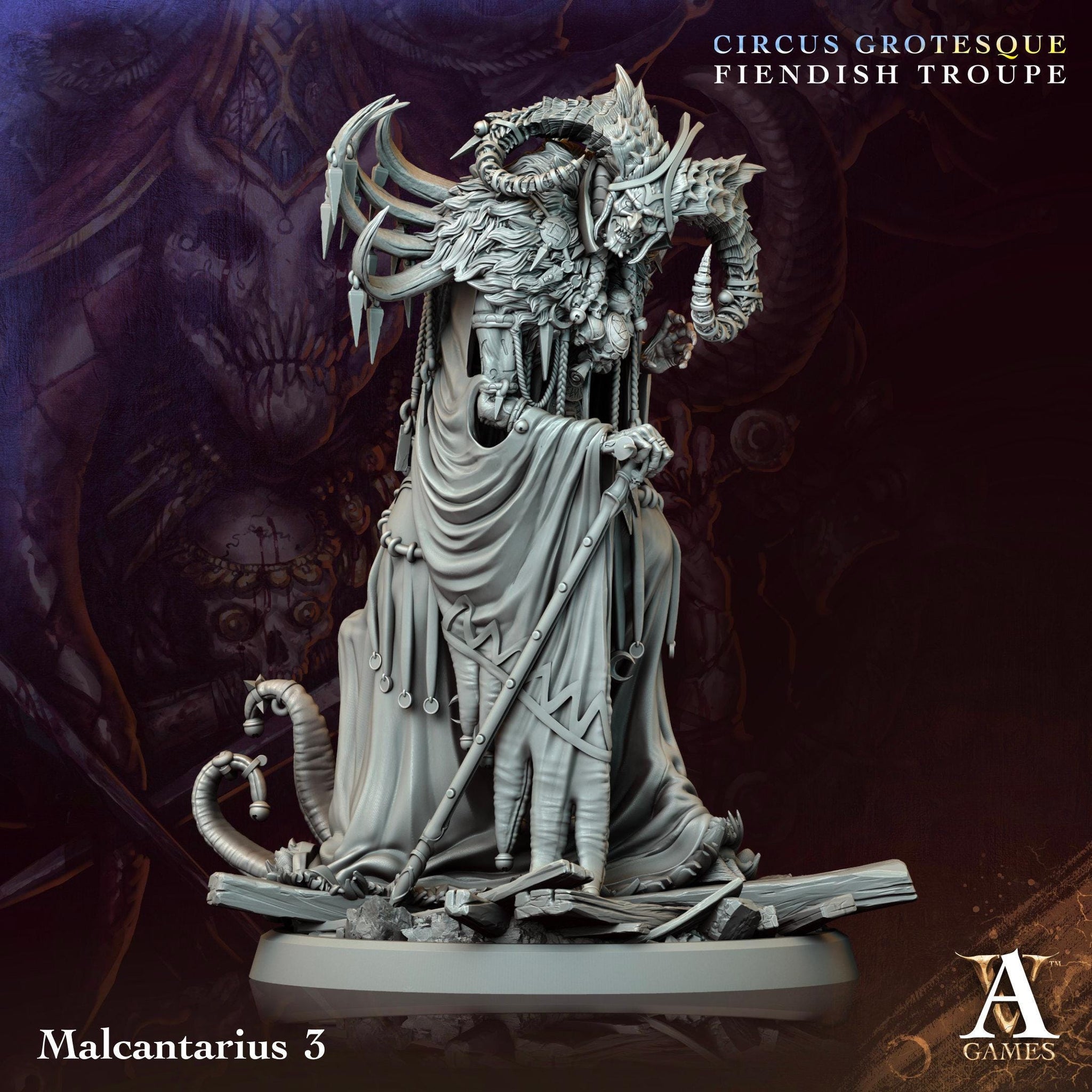 3D printed Malcantarius miniature by Last Hope Miniatures for Archvillain Games, showing detailed design and intricate textures.