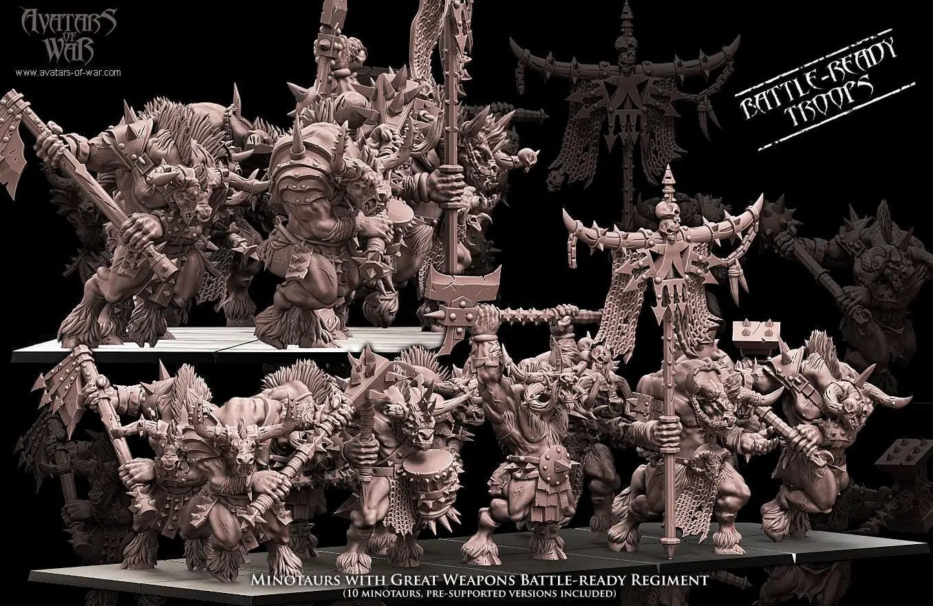 3D printed Minotaur Battle Ready Regiment miniature by Last Hope Miniatures for Avatars of War, detailed fantasy creature figures.