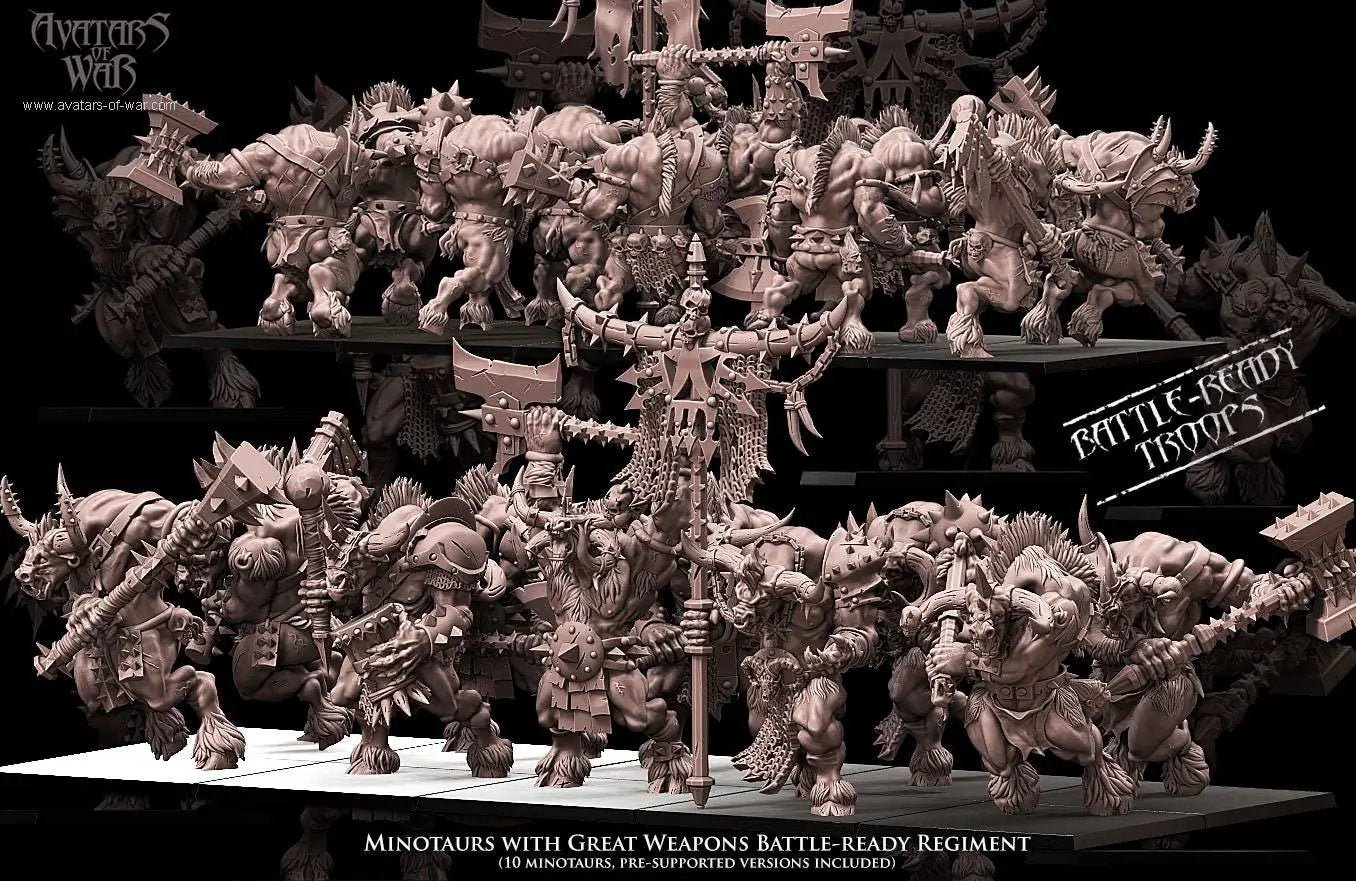 3D printed Minotaur Battle Ready Regiment figurines by Last Hope Miniatures for Avatars of War, showing detailed minotaur warrior models
