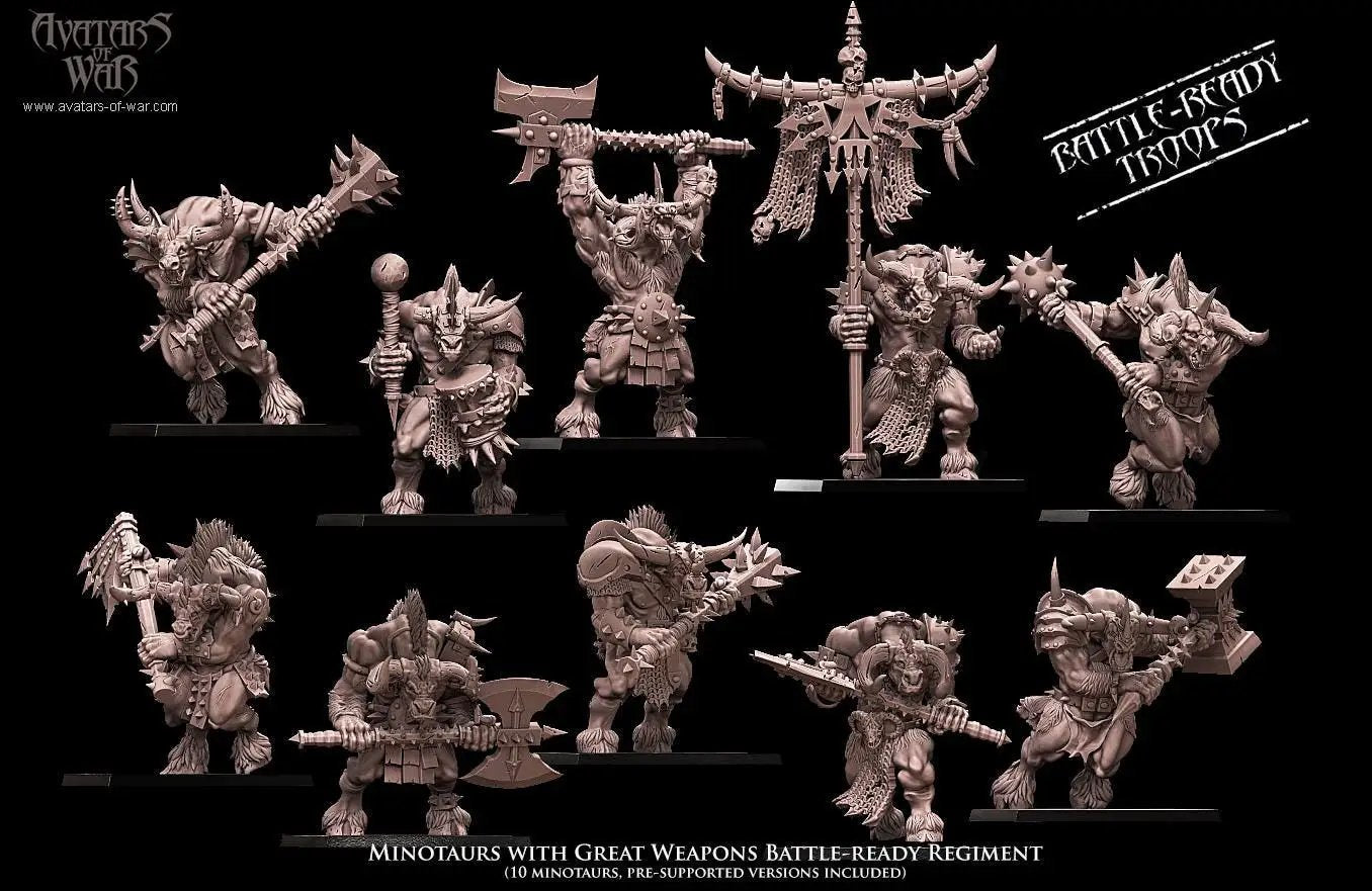 3D printed Minotaur Battle Ready Regiment by Avatars of War, painted miniatures with detailed armor and fierce stance.