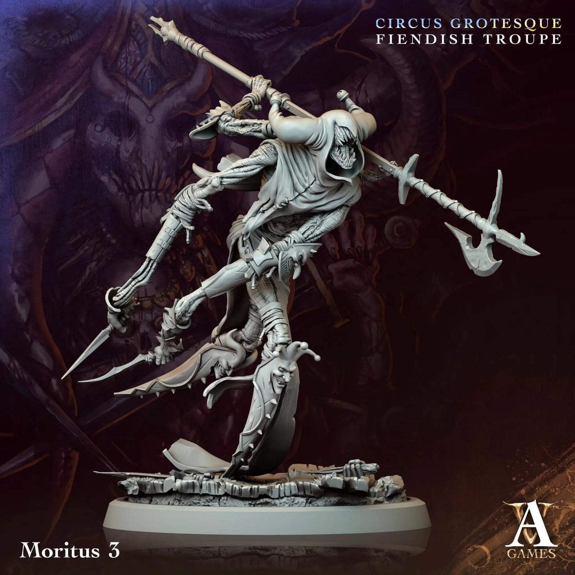 3D printed Moritus miniature by Last Hope Miniatures for Archvillain Games, showing detailed sculpt with intricate armor and weaponry.
