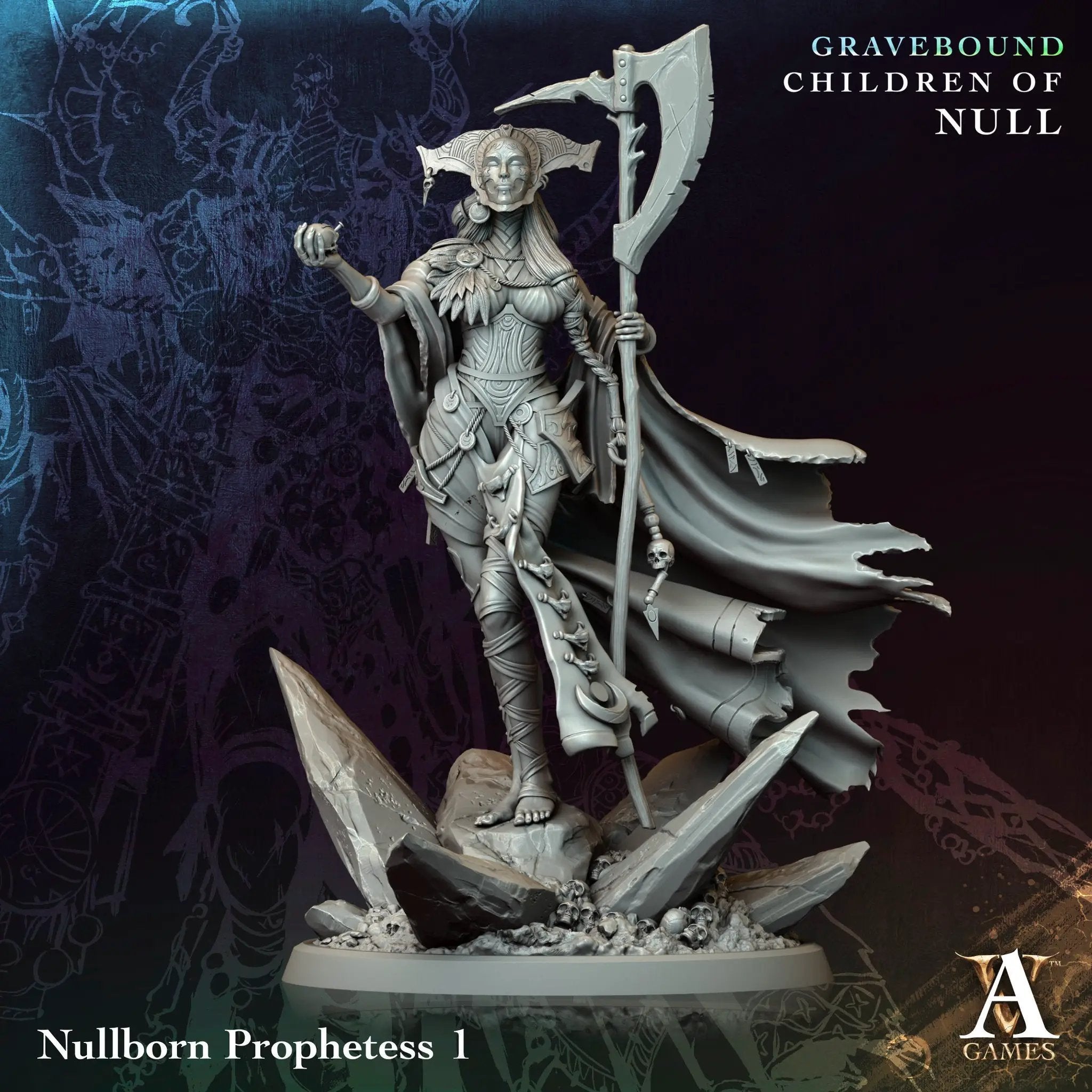 3D printed Nullborn Prophetess miniature from Last Hope Miniatures by Archvillain Games, featuring detailed sculpting and intricate armor.