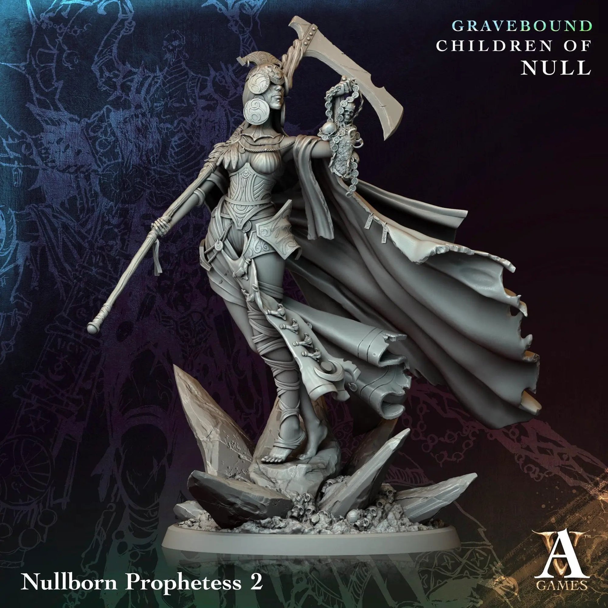 3D printed Nullborn Prophetess miniature by Last Hope Miniatures for Archvillain Games, showing intricate details and dynamic pose.
