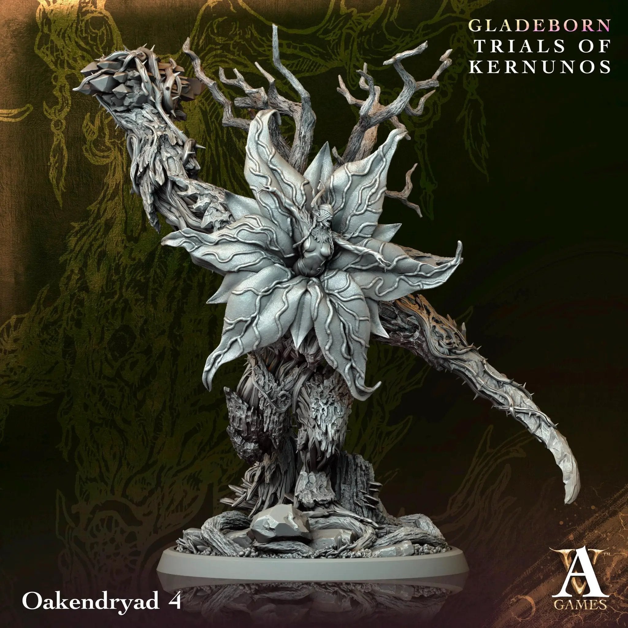3D printed Oakendryads miniature by Last Hope Miniatures for Archvillain Games, showing detailed wooden forest spirit figures.