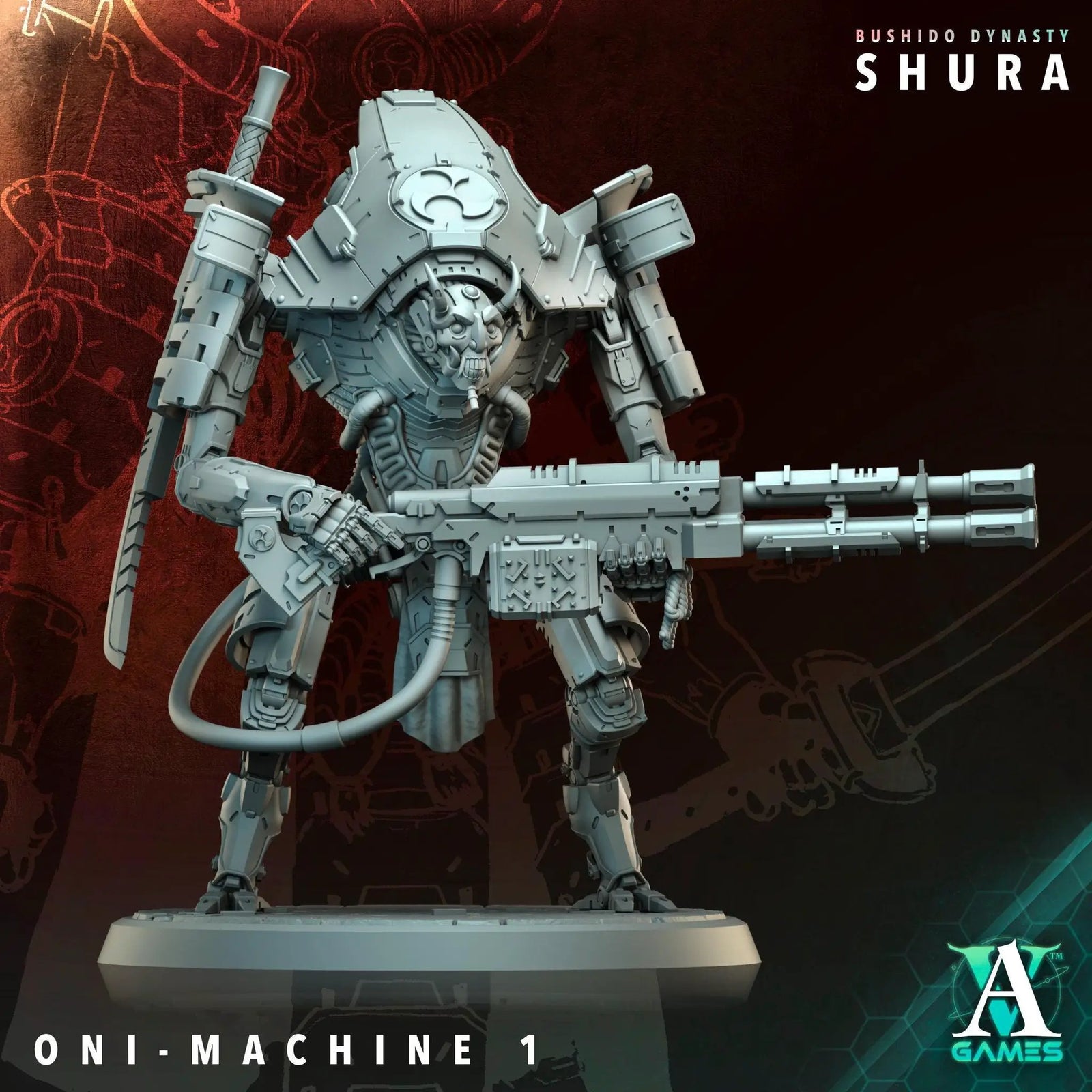 3D printed Oni Machines miniature by Last Hope Miniatures for Archvillain Games, detailed model with intricate design and vibrant elements.