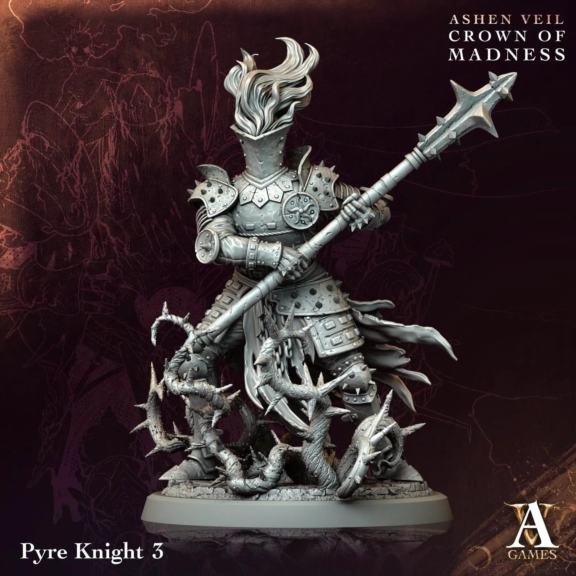 3D printed Pyre Knights miniature by Last Hope Miniatures for Archvillain Games, featuring detailed armor and fiery bases.