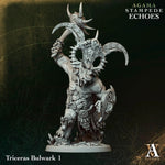 3D printed Triceras Bulwark miniature by Last Hope Miniatures for Archvillain Games, featuring a detailed dinosaur-inspired armored figure.