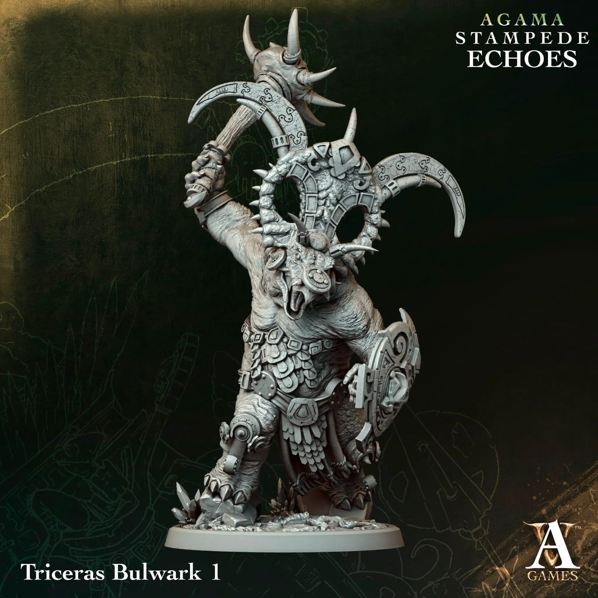 3D printed Triceras Bulwark miniature by Last Hope Miniatures for Archvillain Games, featuring a detailed dinosaur-inspired armored figure.