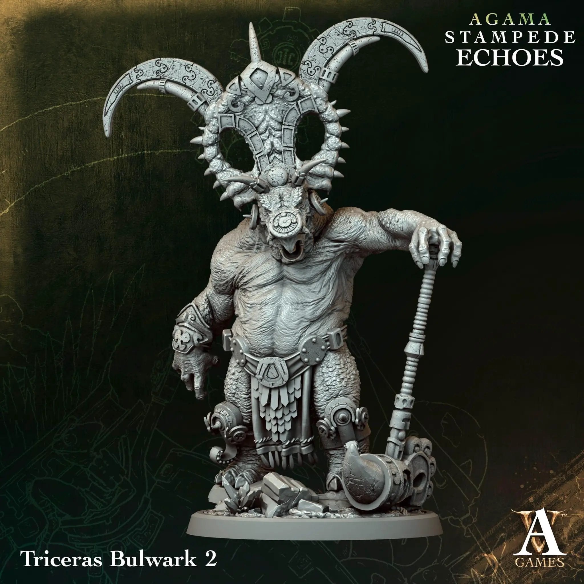3D printed Triceras Bulwark miniature by Last Hope Miniatures for Archvillain Games, detailed dinosaur warrior with armor and weapon.