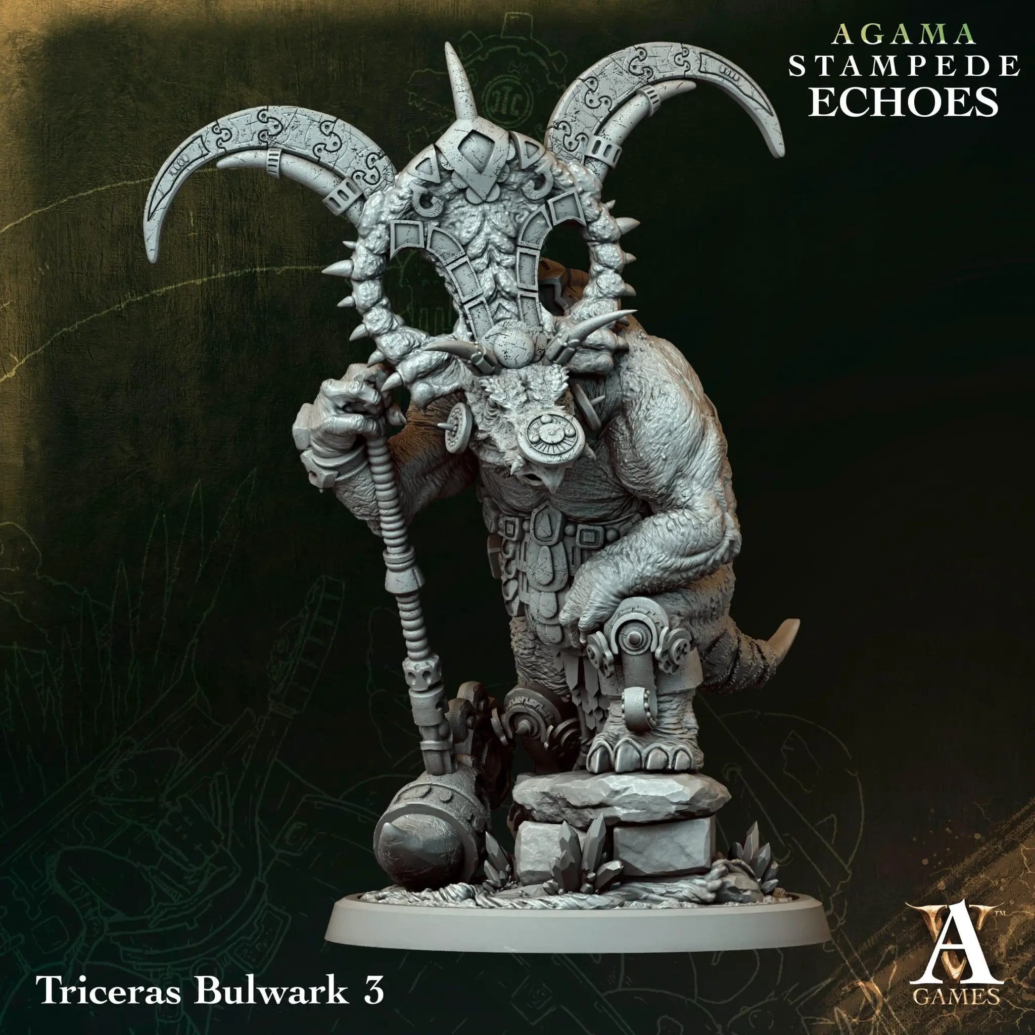 3D printed Triceras Bulwark miniature by Last Hope Miniatures for Archvillain Games, featuring detailed dinosaur armor design.