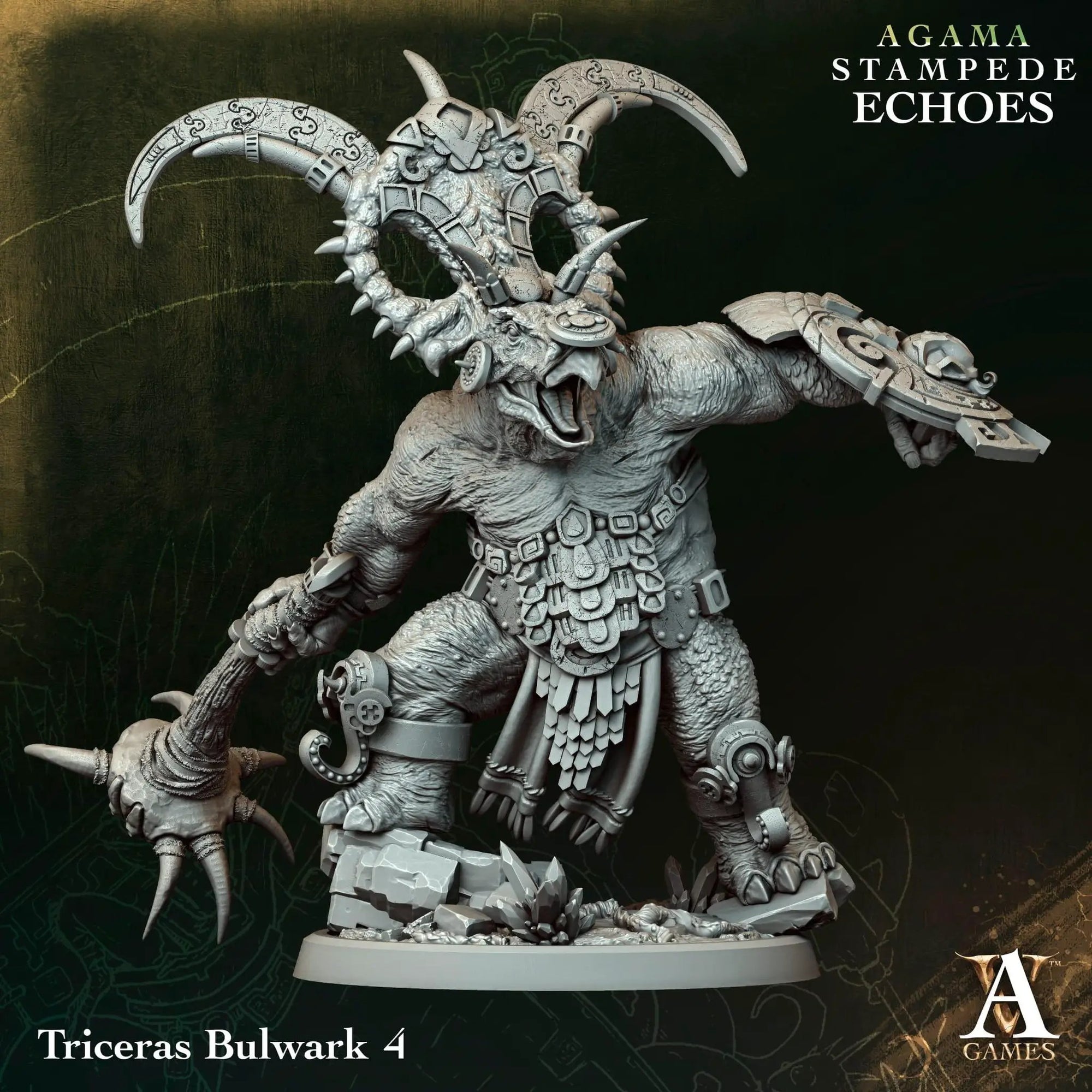 3D printed Triceras Bulwark miniature by Last Hope Miniatures, featuring a detailed dinosaur-inspired armored creature for tabletop gaming.
