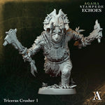 3D printed Triceras Crusher miniature by Last Hope Miniatures for Archvillain Games, with detailed dinosaur and crusher design.