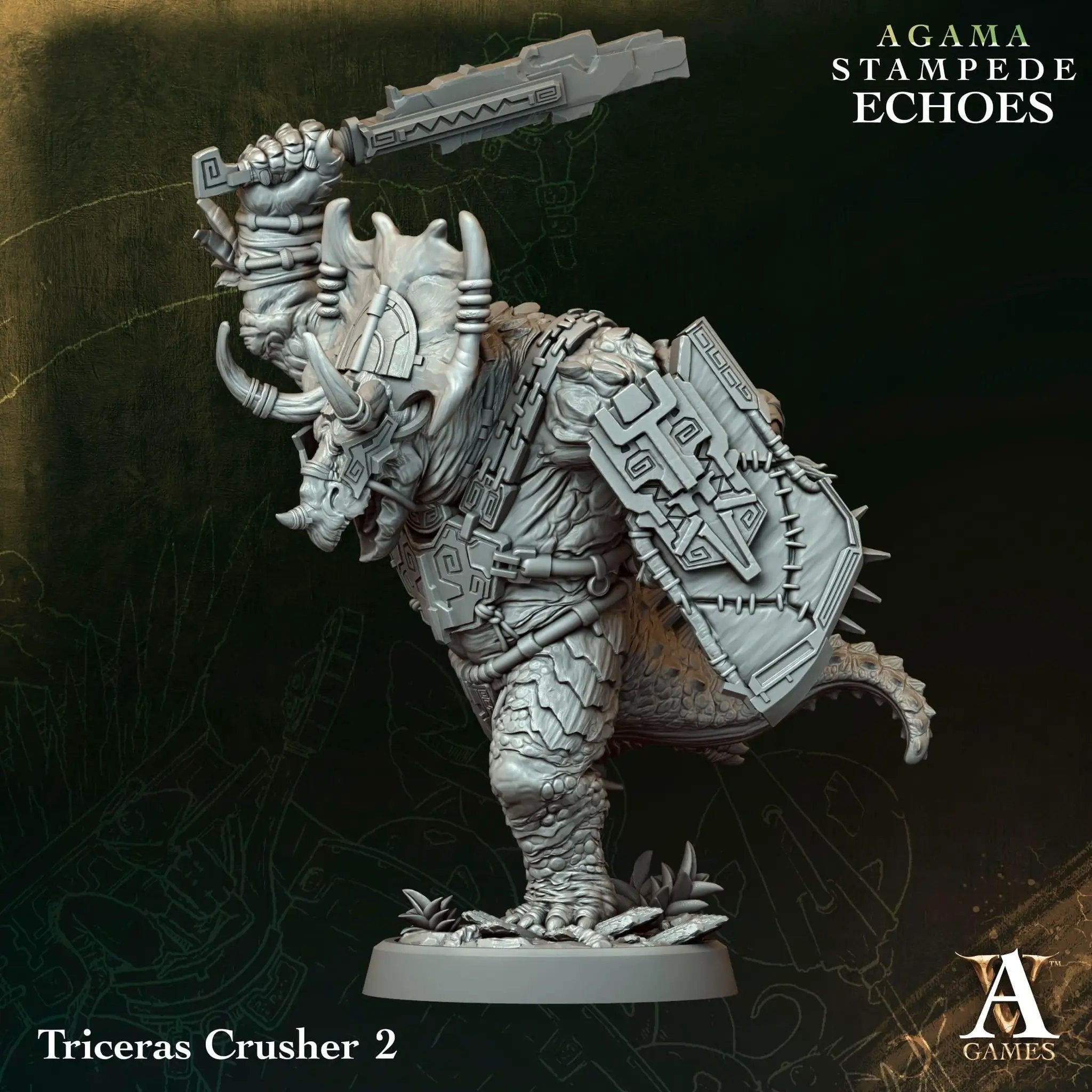 3D printed Triceras Crusher miniature by Last Hope Miniatures for Archvillain Games, featuring detailed dinosaur and crusher design.