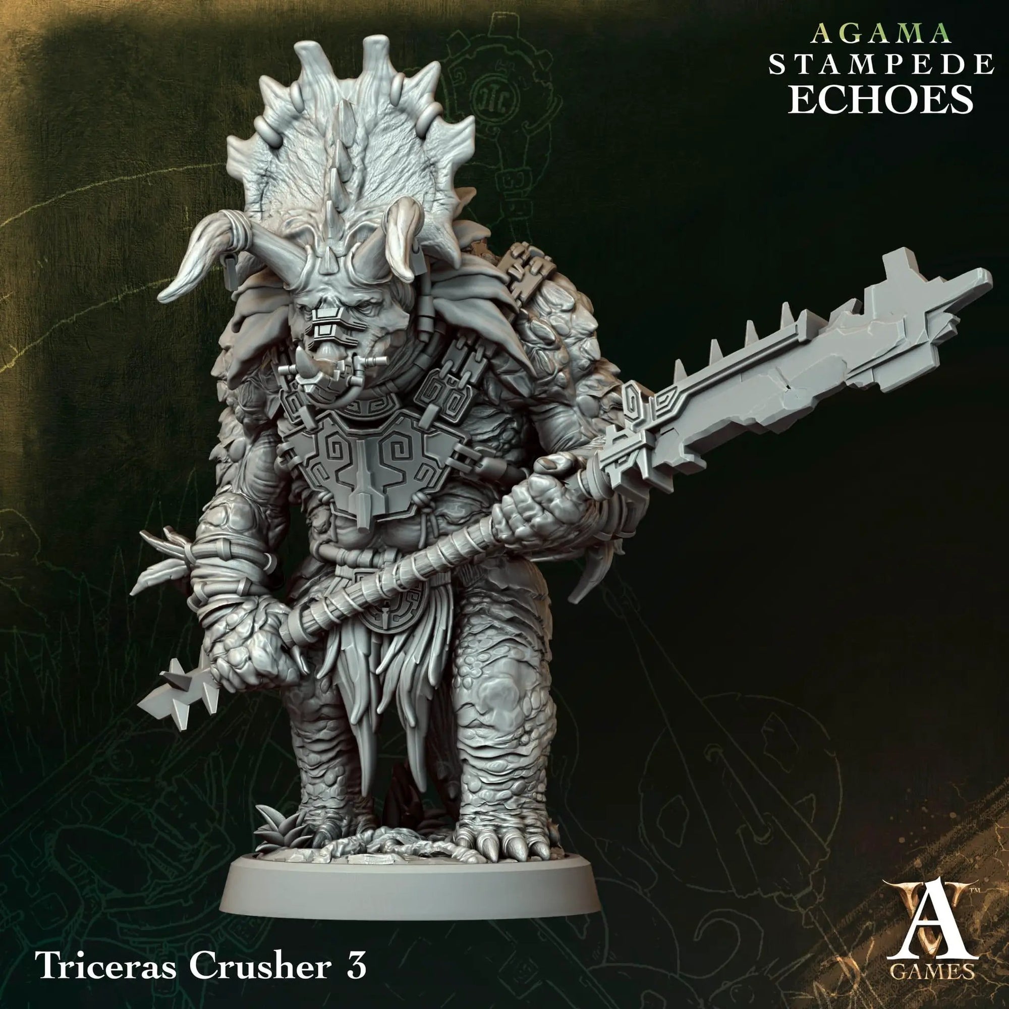 3D printed Triceras Crusher miniature by Last Hope Miniatures, detailed dinosaur with armored features for tabletop gaming