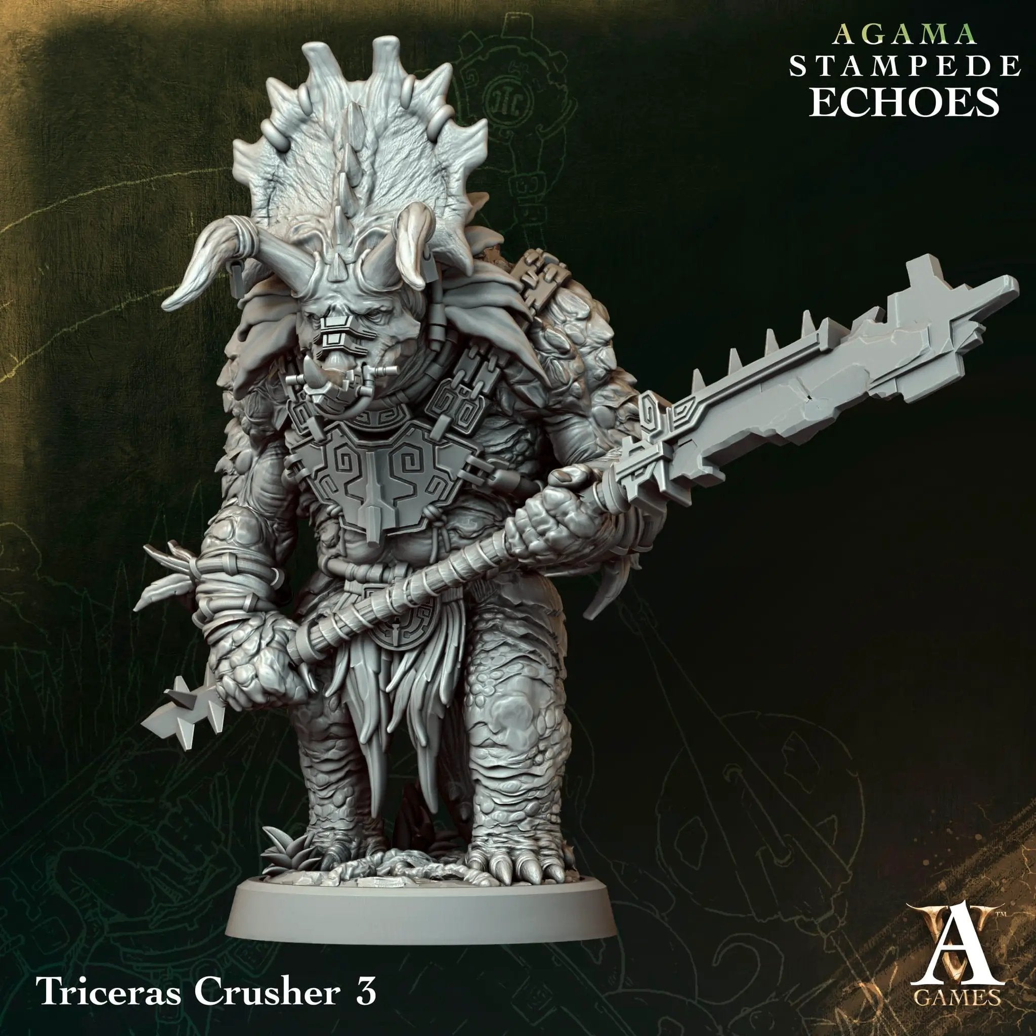 3D printed Triceras Crusher miniature by Last Hope Miniatures, detailed dinosaur with armored features for tabletop gaming