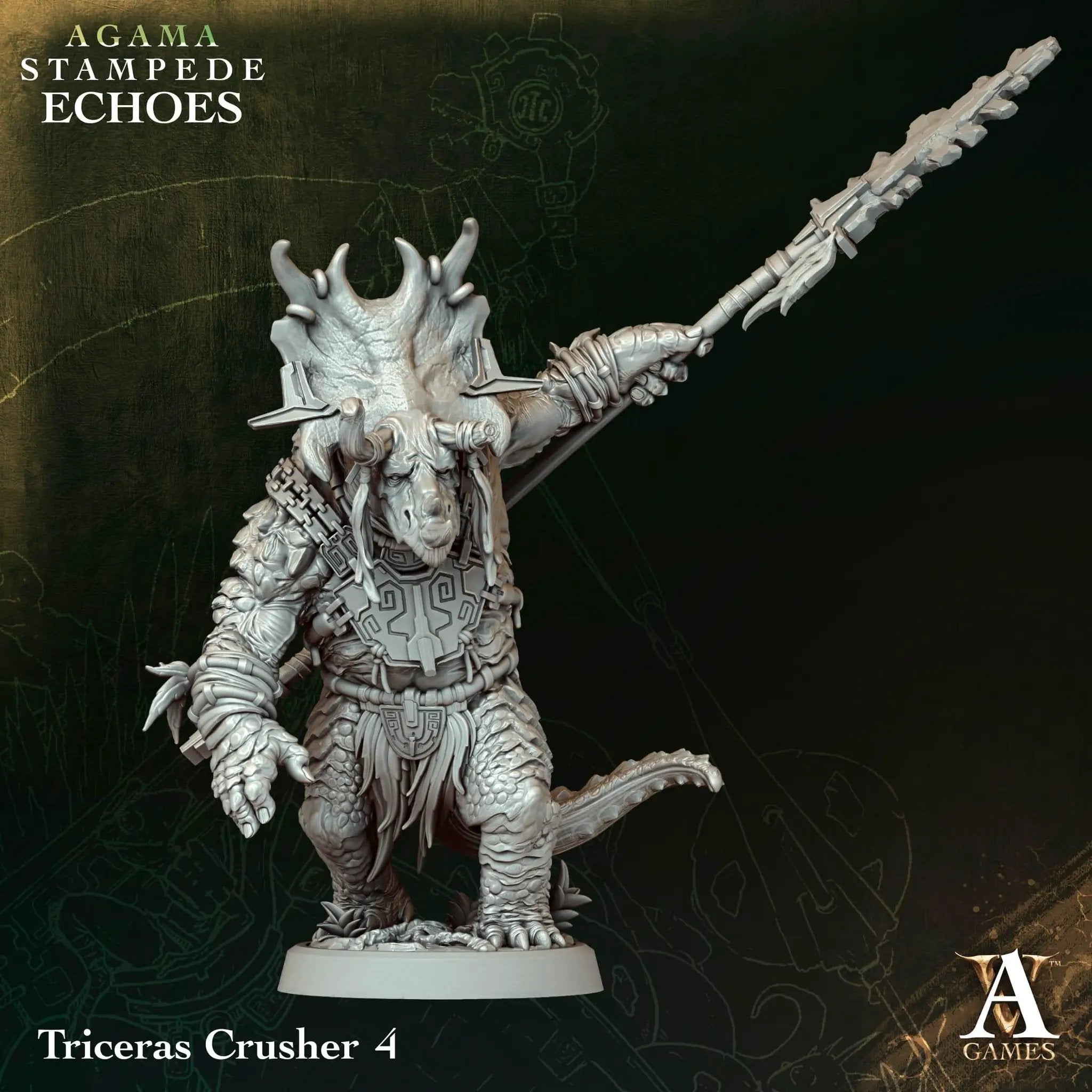 3D printed Triceras Crusher miniature by Last Hope Miniatures for Archvillain Games, detailed dinosaur creature with armored features.