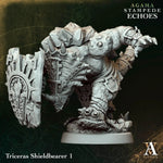 3D printed Triceras Shieldbearer miniature by Last Hope Miniatures, featuring a detailed dinosaur-like creature with armor and shield.