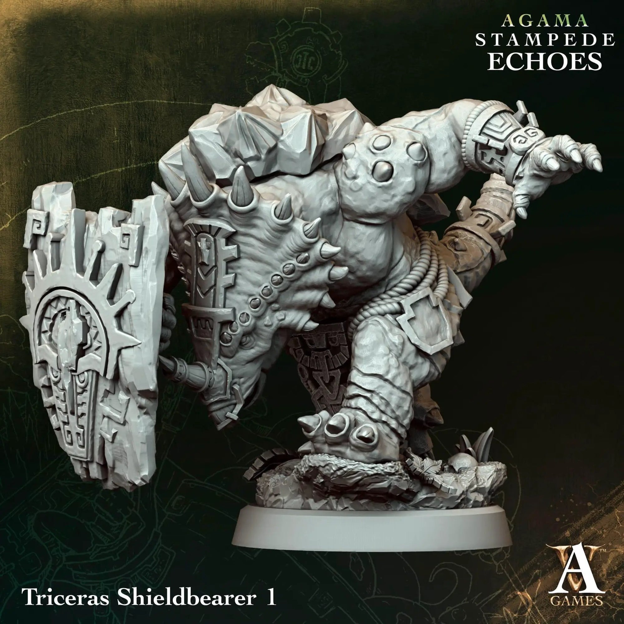 3D printed Triceras Shieldbearer miniature by Last Hope Miniatures, featuring a detailed dinosaur-like creature with armor and shield.