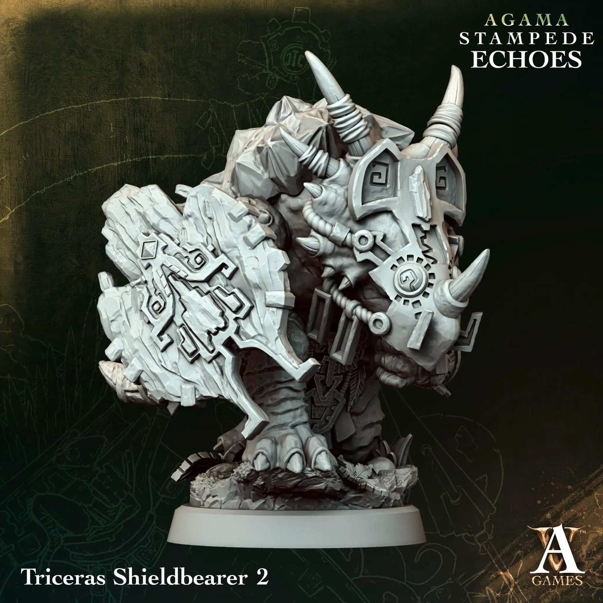 3D printed Triceras Shieldbearer miniature by Last Hope Miniatures for Archvillain Games, showing detailed dinosaur armor and shield.