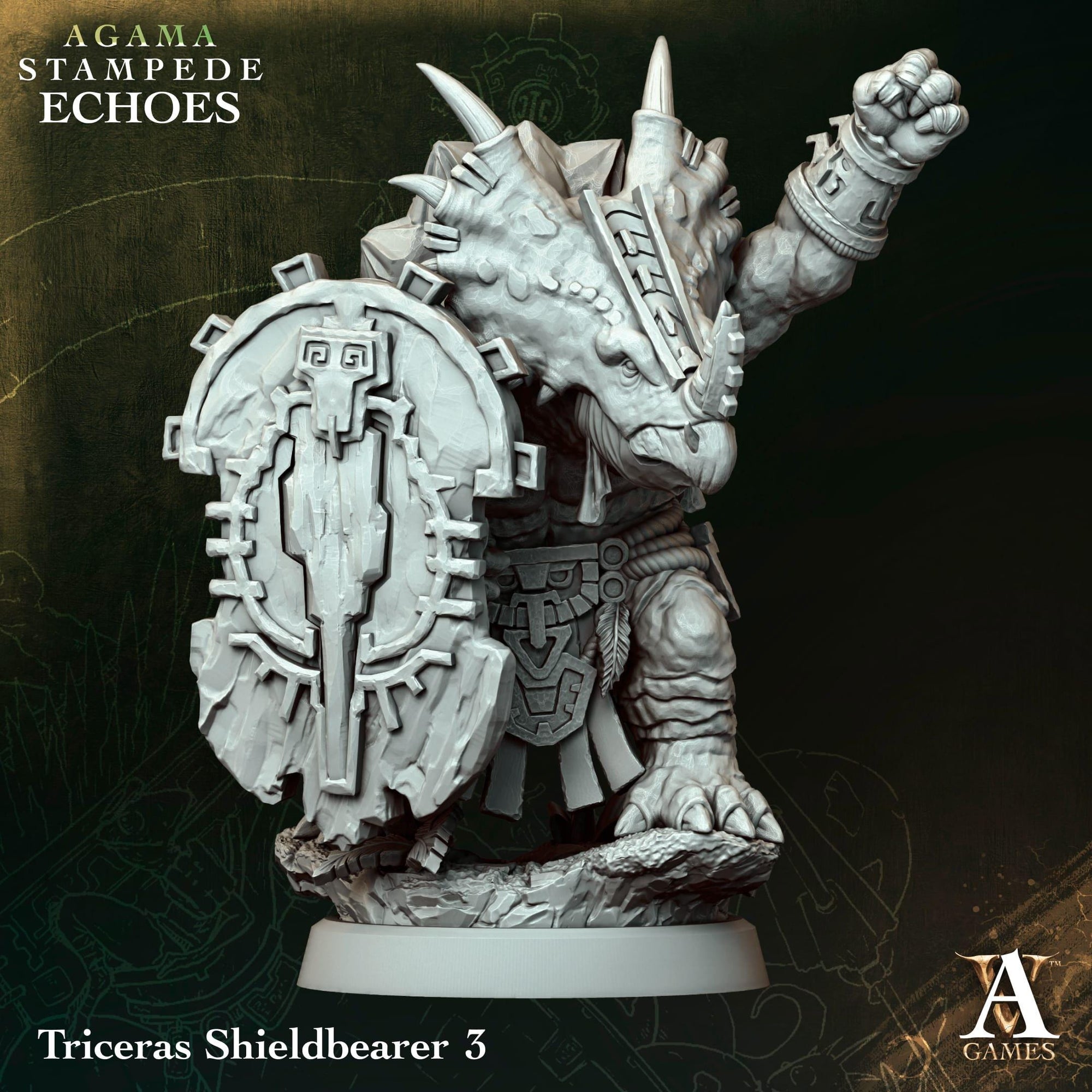 3D printed Triceras Shieldbearer miniature by Last Hope Miniatures for Archvillain Games, featuring a dinosaur-like warrior with a shield.